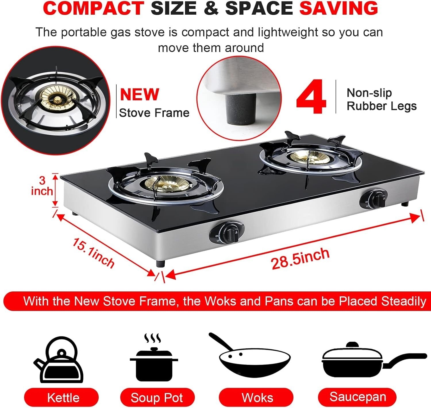 Tempered Glass 2 Burner Gas Stove with Auto Ignition - Perfect for Camping