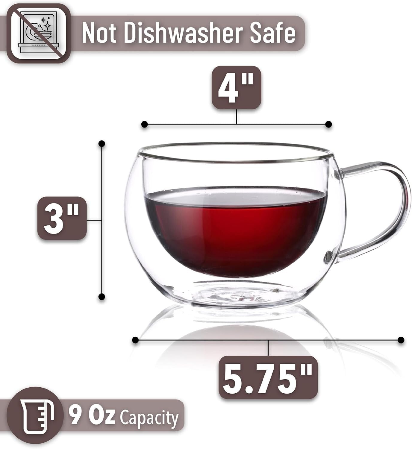 Borosilicate Double Wall Coffee Mugs - 9 oz Modern Design for Hot or Cold Drinks