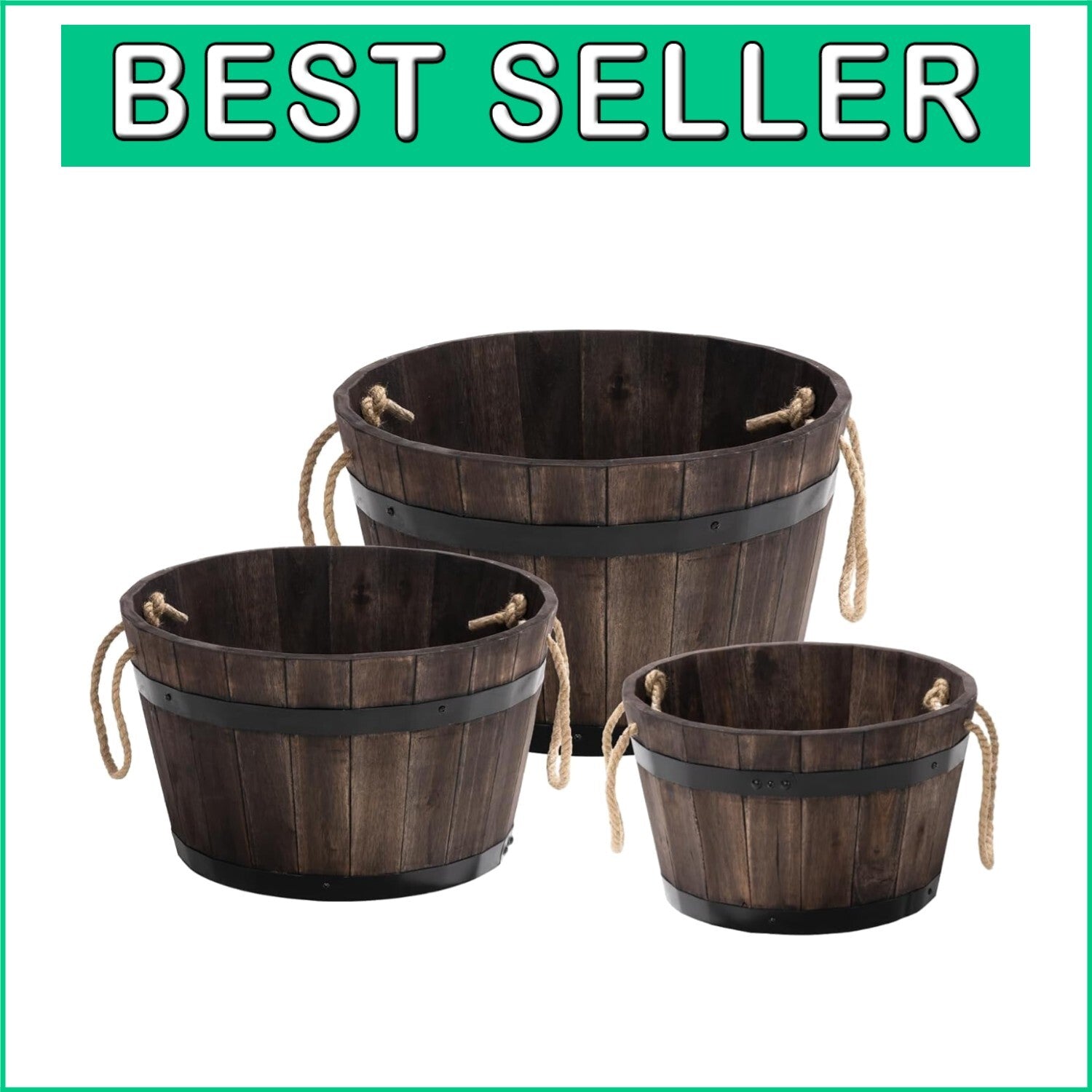 Durable Outdoor Acacia Wood Barrel Planters - Set of 3 with Drainage Holes