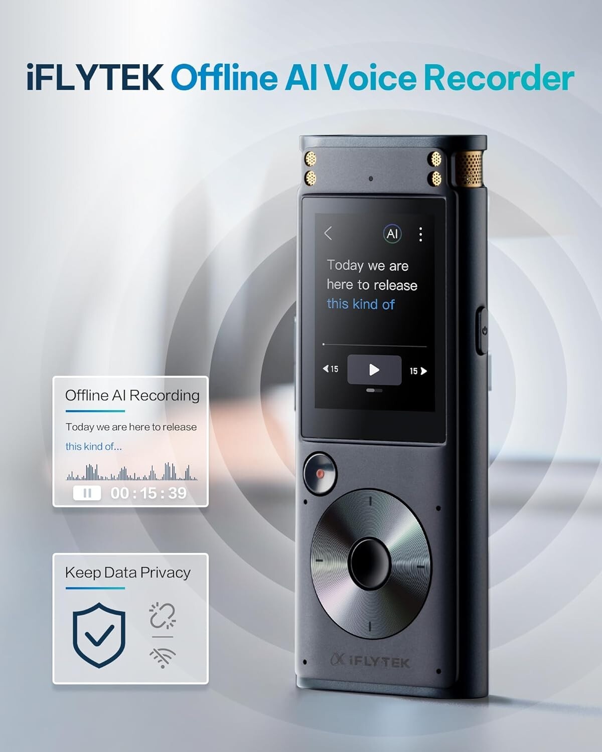 AI Voice Recorder with 5-Language Transcription & Noise Reduction - Compact Size