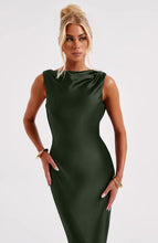 Load image into Gallery viewer, Luxurious Army Green Satin Maxi Dress - Sleeveless High Neck Cocktail Gown