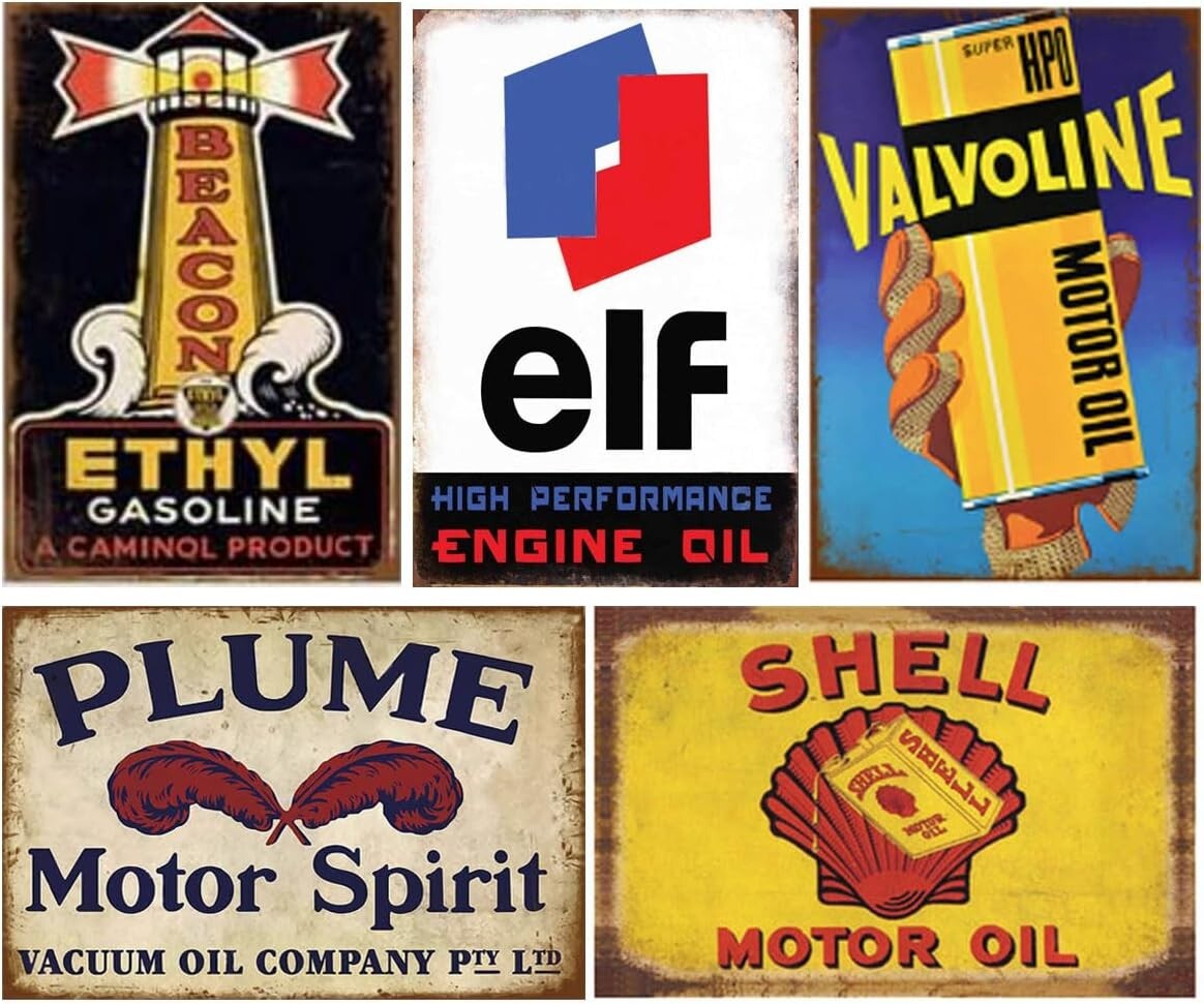 Retro Garage Wall Art Set – 35 Pieces of Antique Metal Signs for Unique Decor