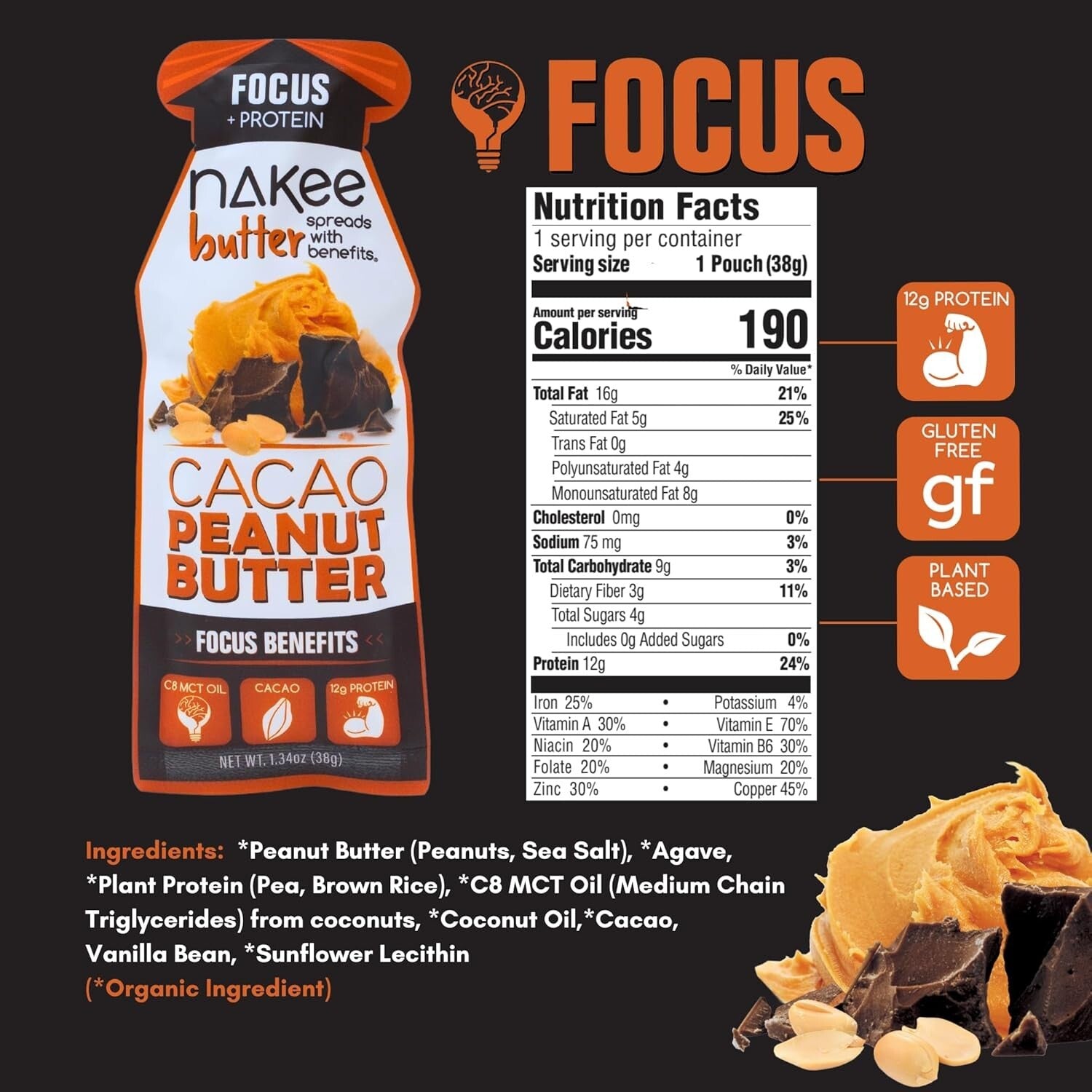 12-Pack Cacao Peanut Butter Protein Spread - Elevate Focus & Energy On-the-Go