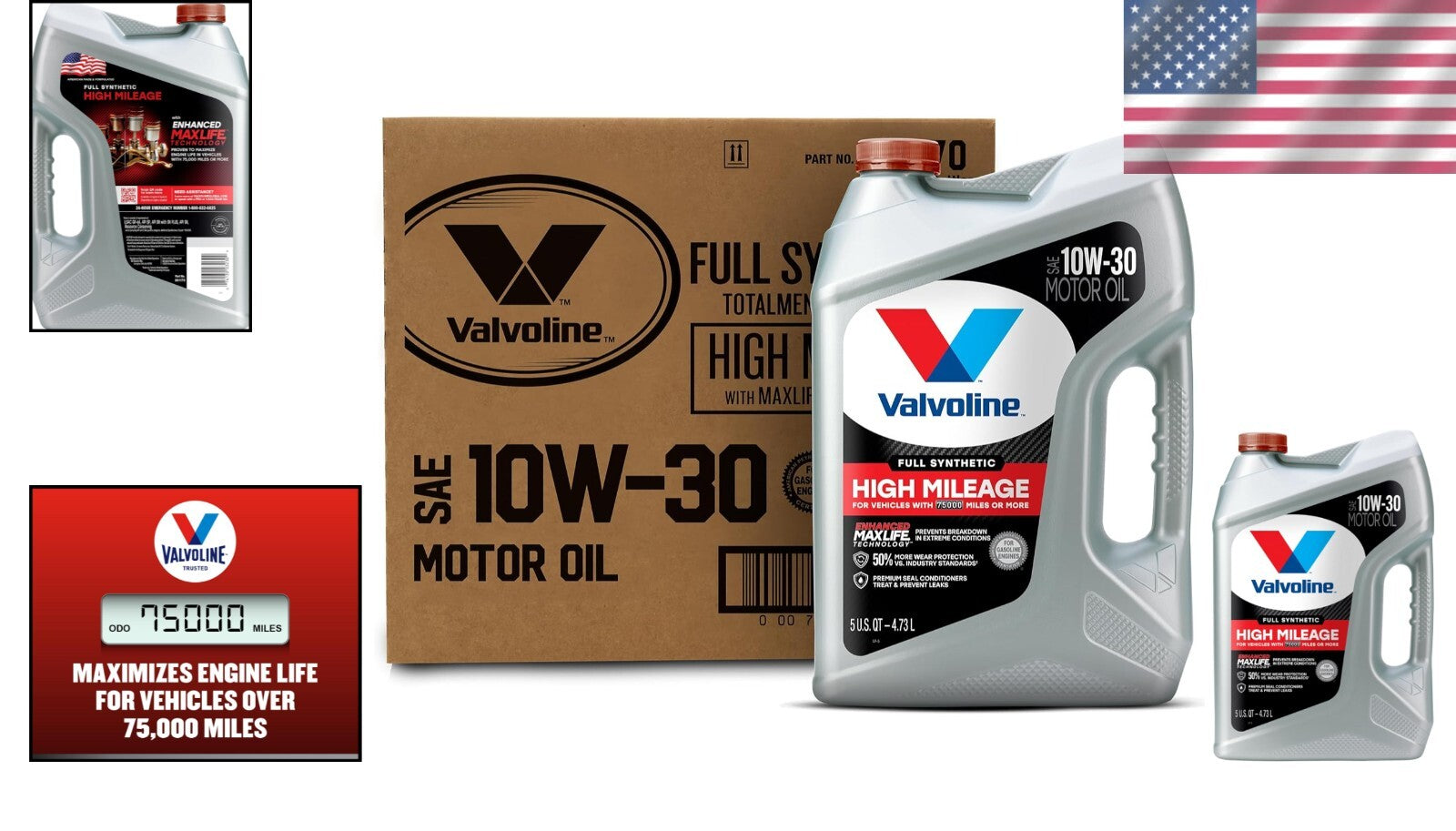 Full Synthetic High Mileage Motor Oil 10W-30 - 3 x 5 QT for Enhanced Engine Life