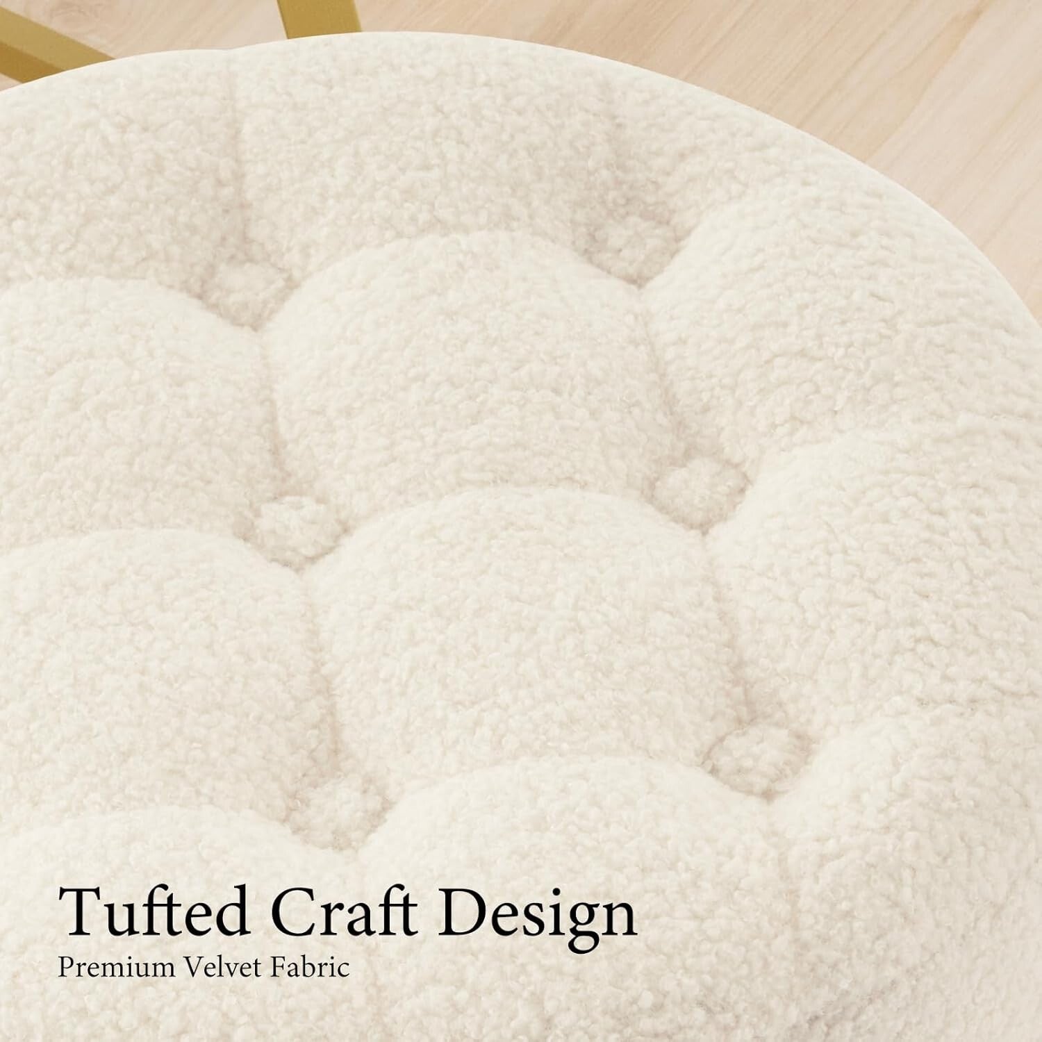 Elegant Round Makeup Vanity Stool - Adjustable Ivory White Faux Fur Ottoman