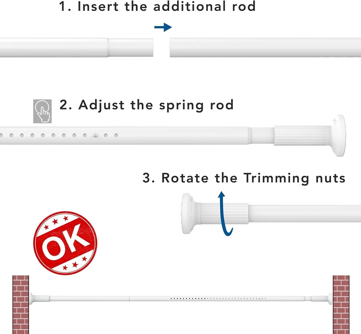 Adjustable Tension Curtain Rod 51-165” - Rust-Free, Easy No Drill Installation