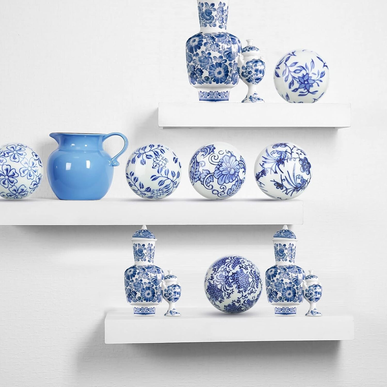 Elegant 9-Piece Blue and White Chinoiserie Porcelain Decorative Ball Set