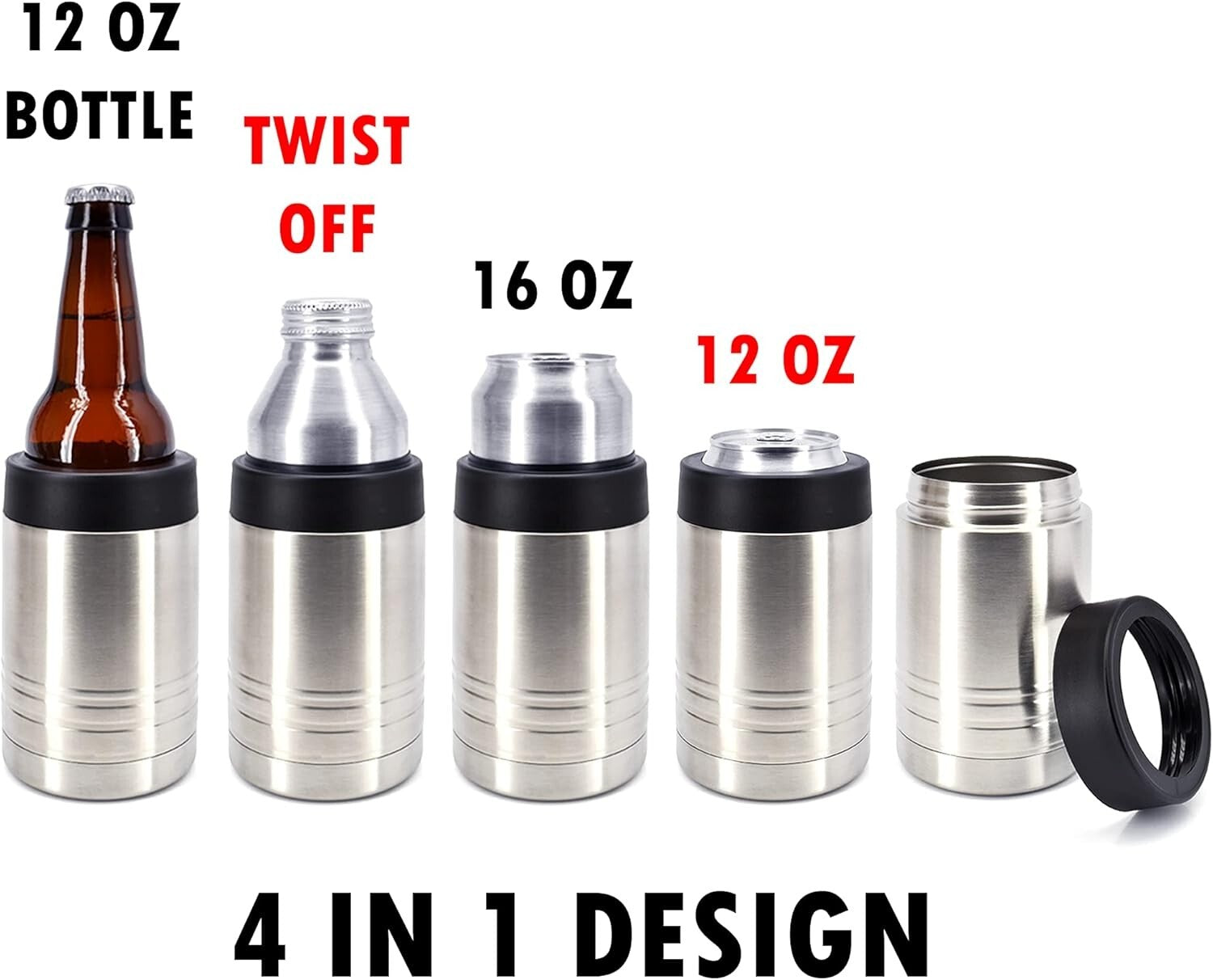 6-Pack Stainless Steel Double Wall Beverage Cooler - 12 oz Can & 16 oz Bottle