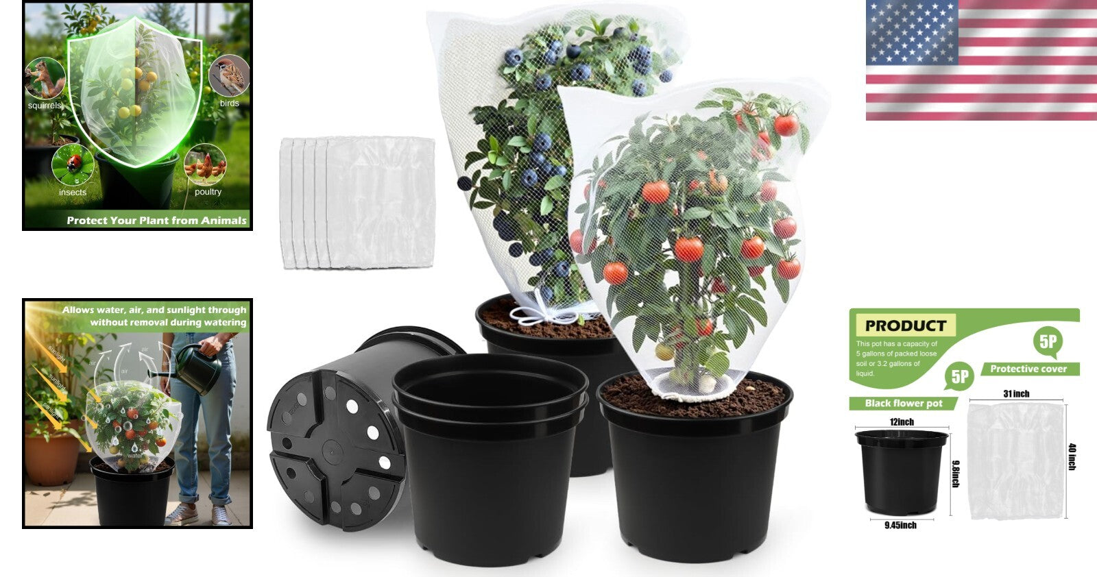 Garden Protection Bundle: 5 Reusable 12-Inch Pots with Reinforced Netting Covers