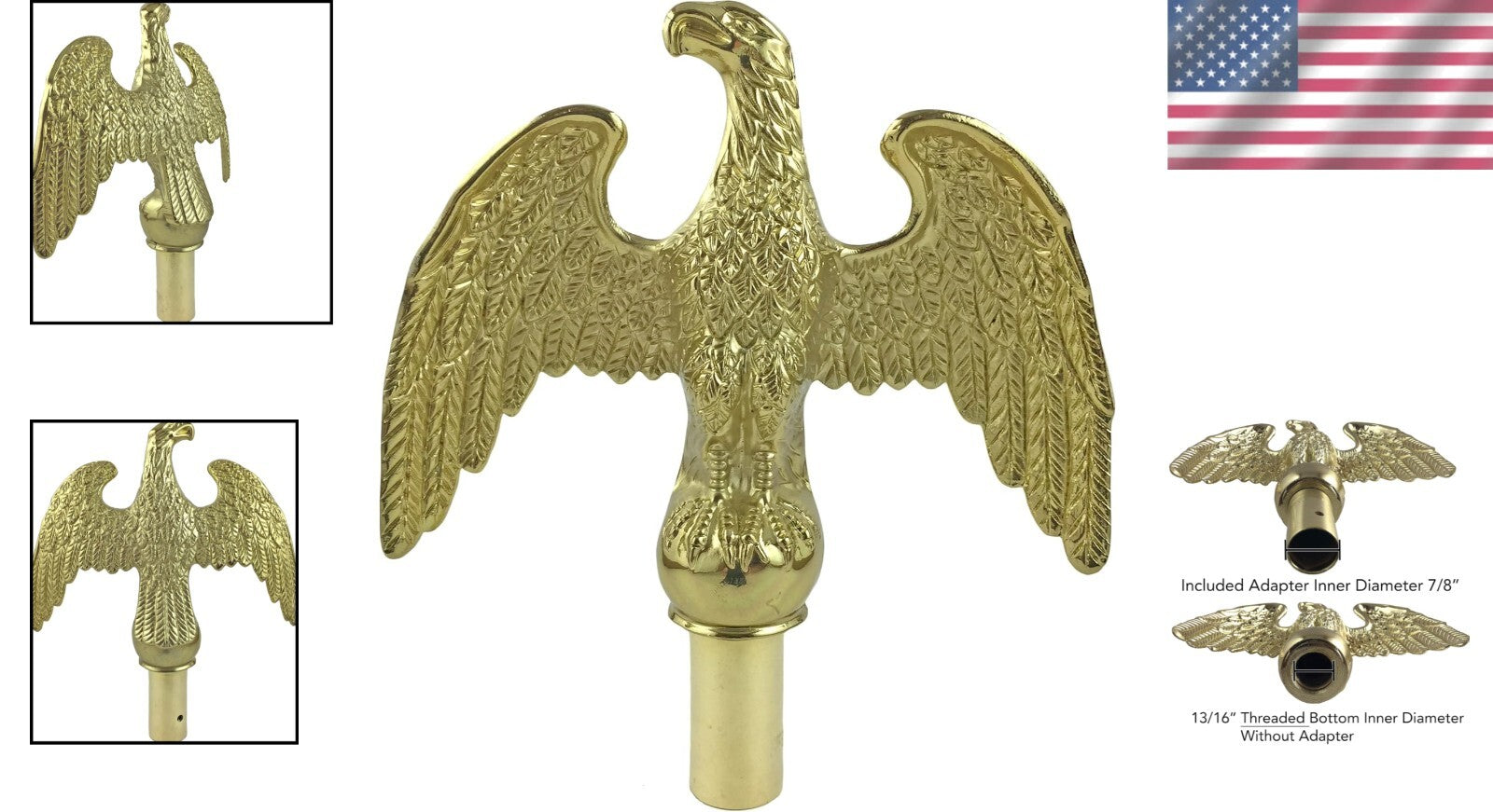 Decorative Gold Flagpole Eagle Topper, 7-Inch Wingspan for 15/16" to 1.25" Poles