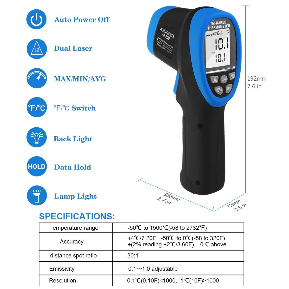 30:1 Distance Spot Ratio Laser Thermometer Gun -58℉ to 2732℉ Temperature Range