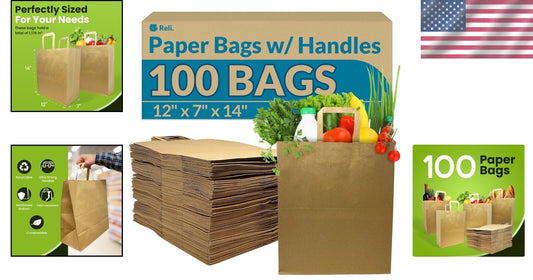 100 Pcs Heavy Duty Paper Grocery Bags w/Handles - 57 Liters for Shopping & Ta...