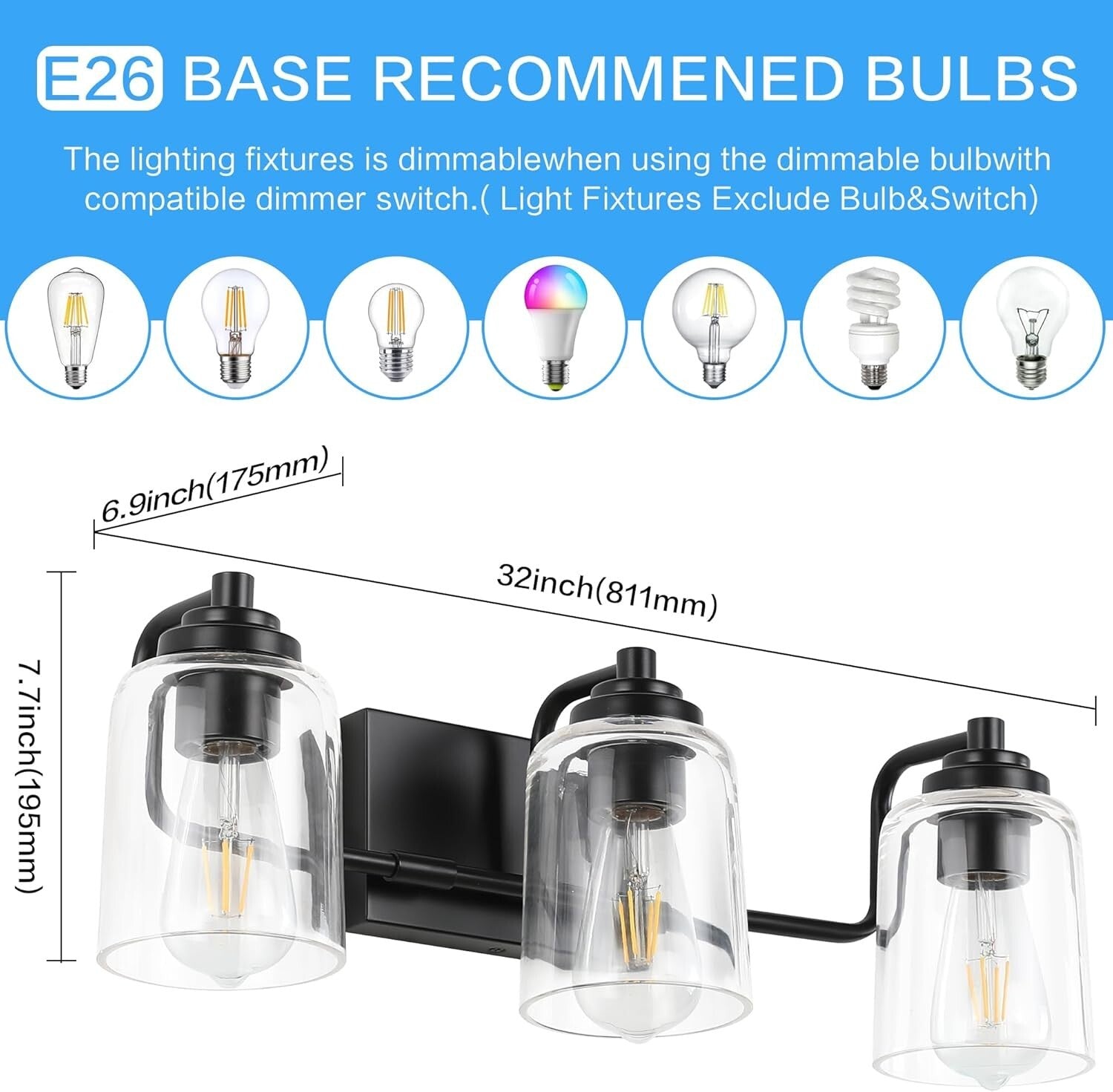 Contemporary 3-Light Black Bathroom Wall Fixture for Elegant Mirror Lighting