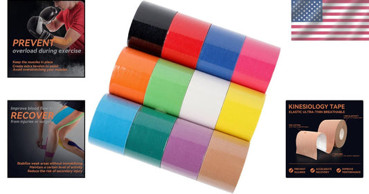 12 Rolls of Kinesiology Tape in Rainbow Colors - Support & Recovery Muscle Tape