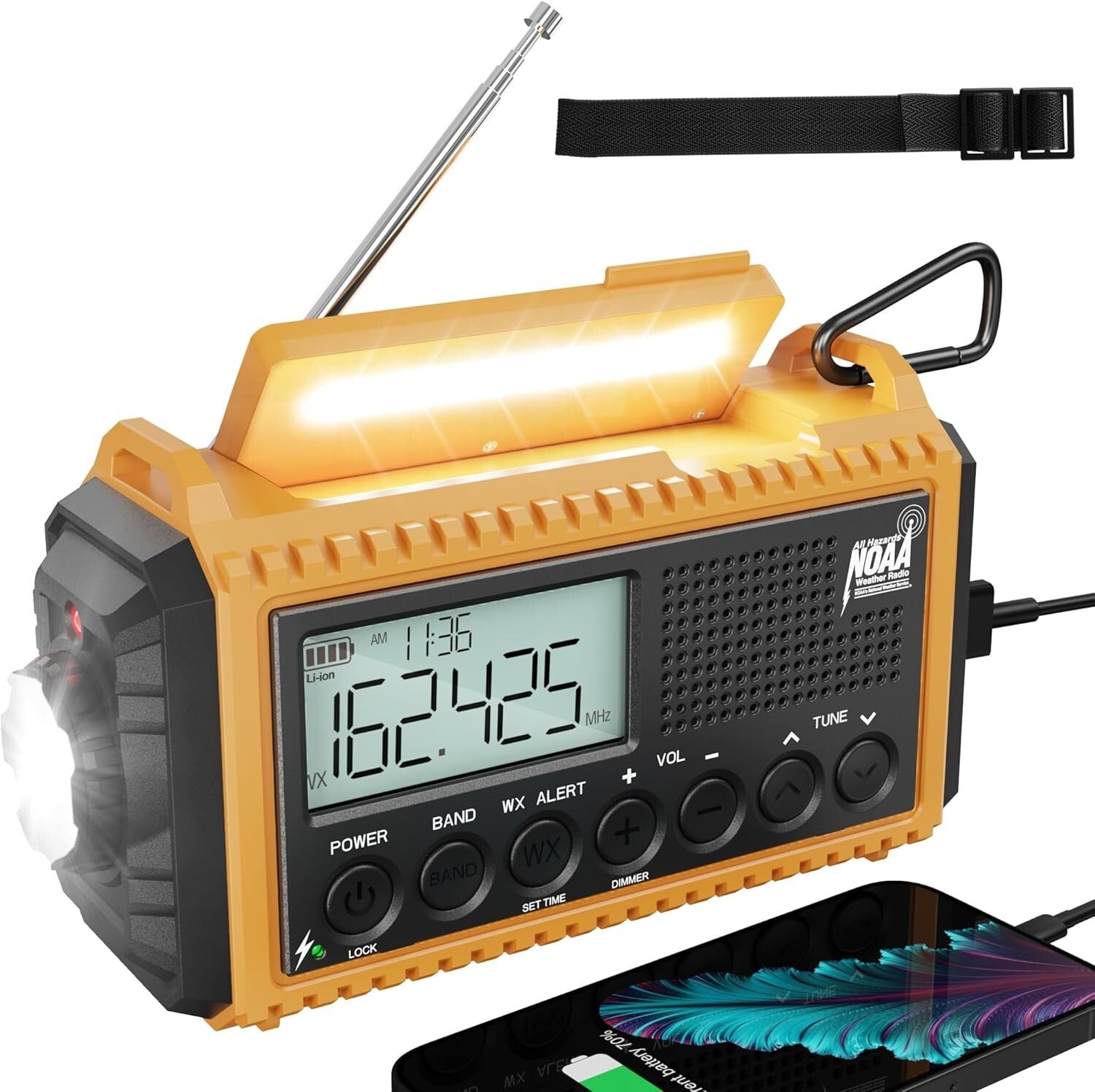 Weather Alert Radio with 18500mWh Battery, SOS Alarm & Dual Lighting Functions