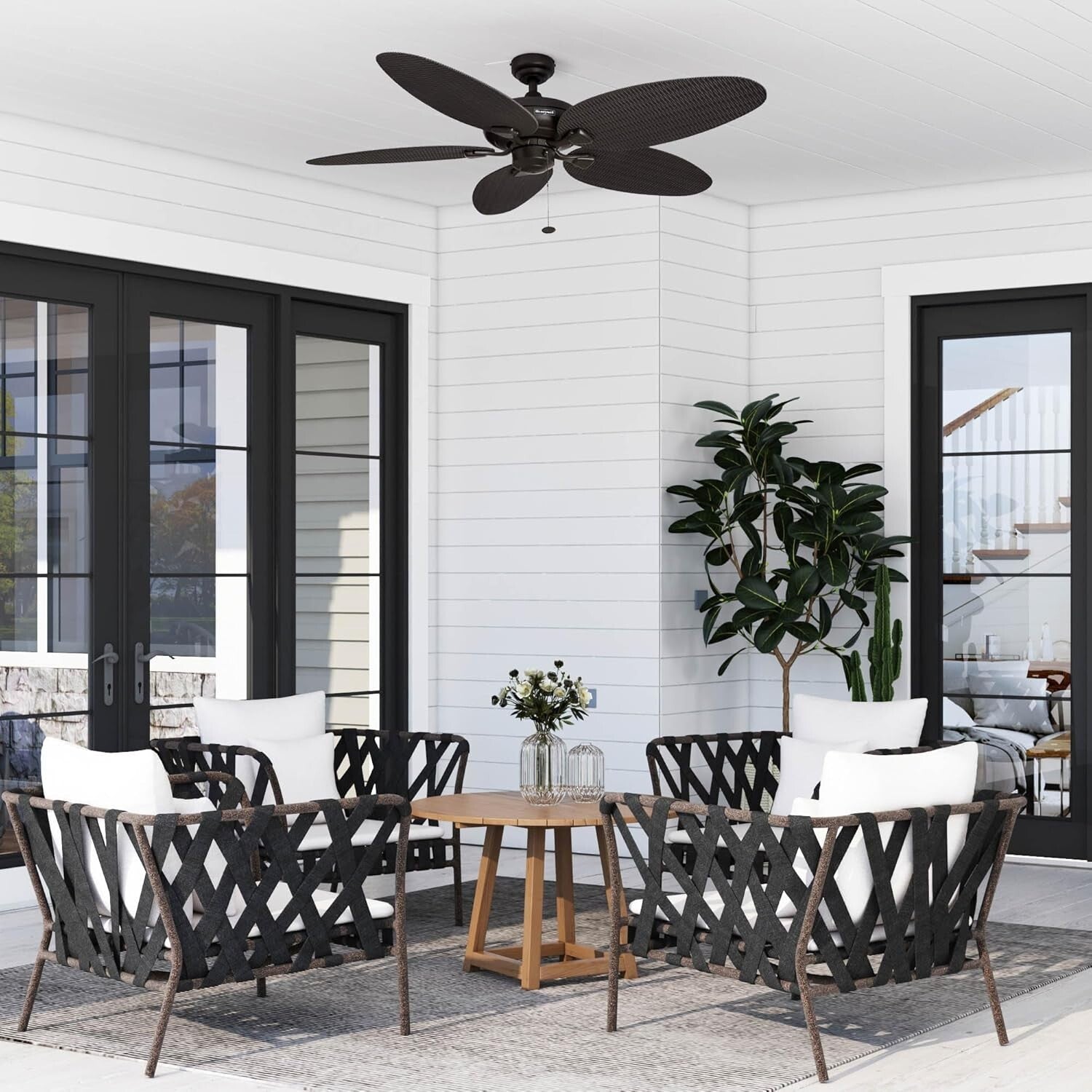 Energy Efficient 52-Inch Damp Rated Ceiling Fan with Hand-Carved Tropical Blades