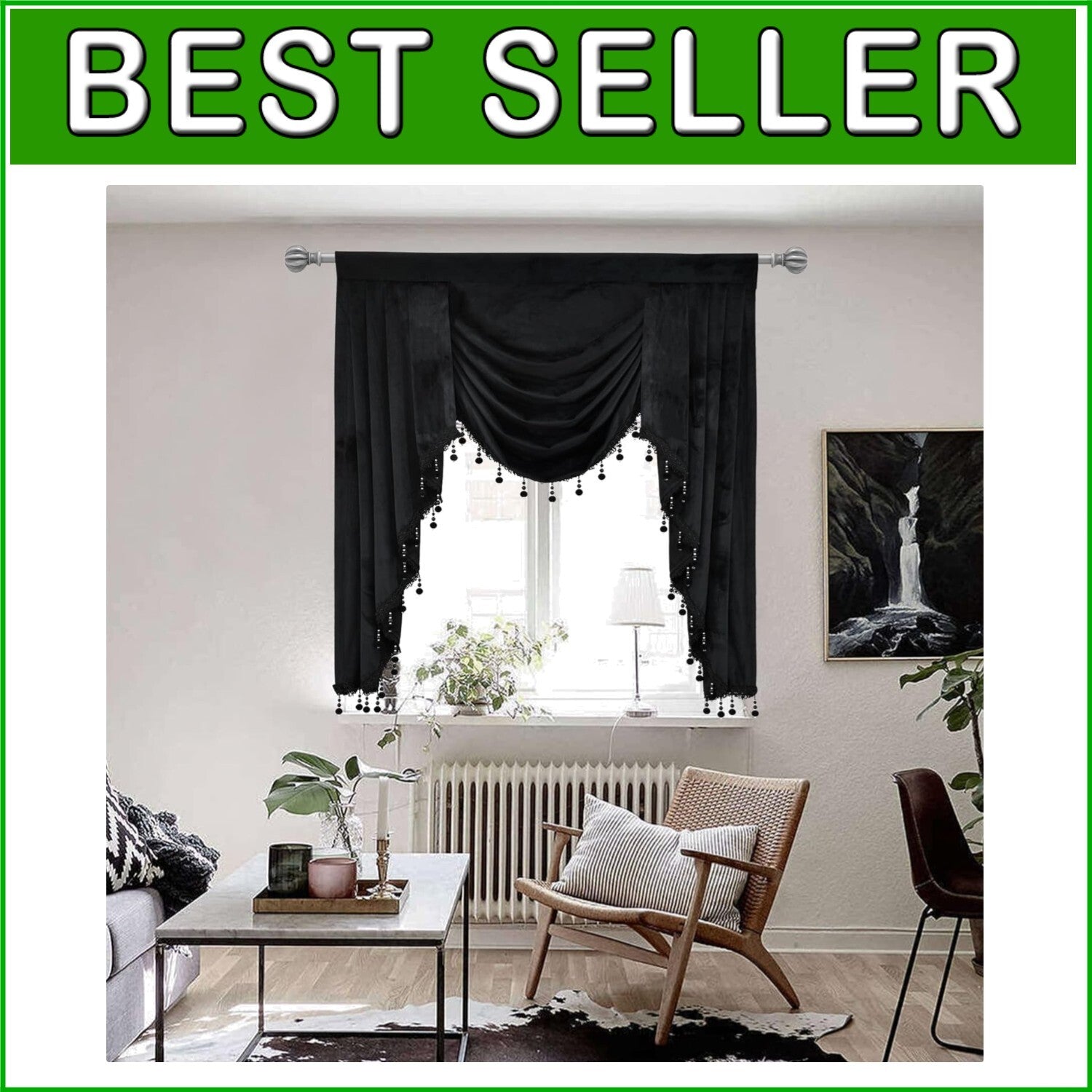 Elegant Black Velvet Rod Pocket Valance, 39" x 48" - Luxurious Window Treatment