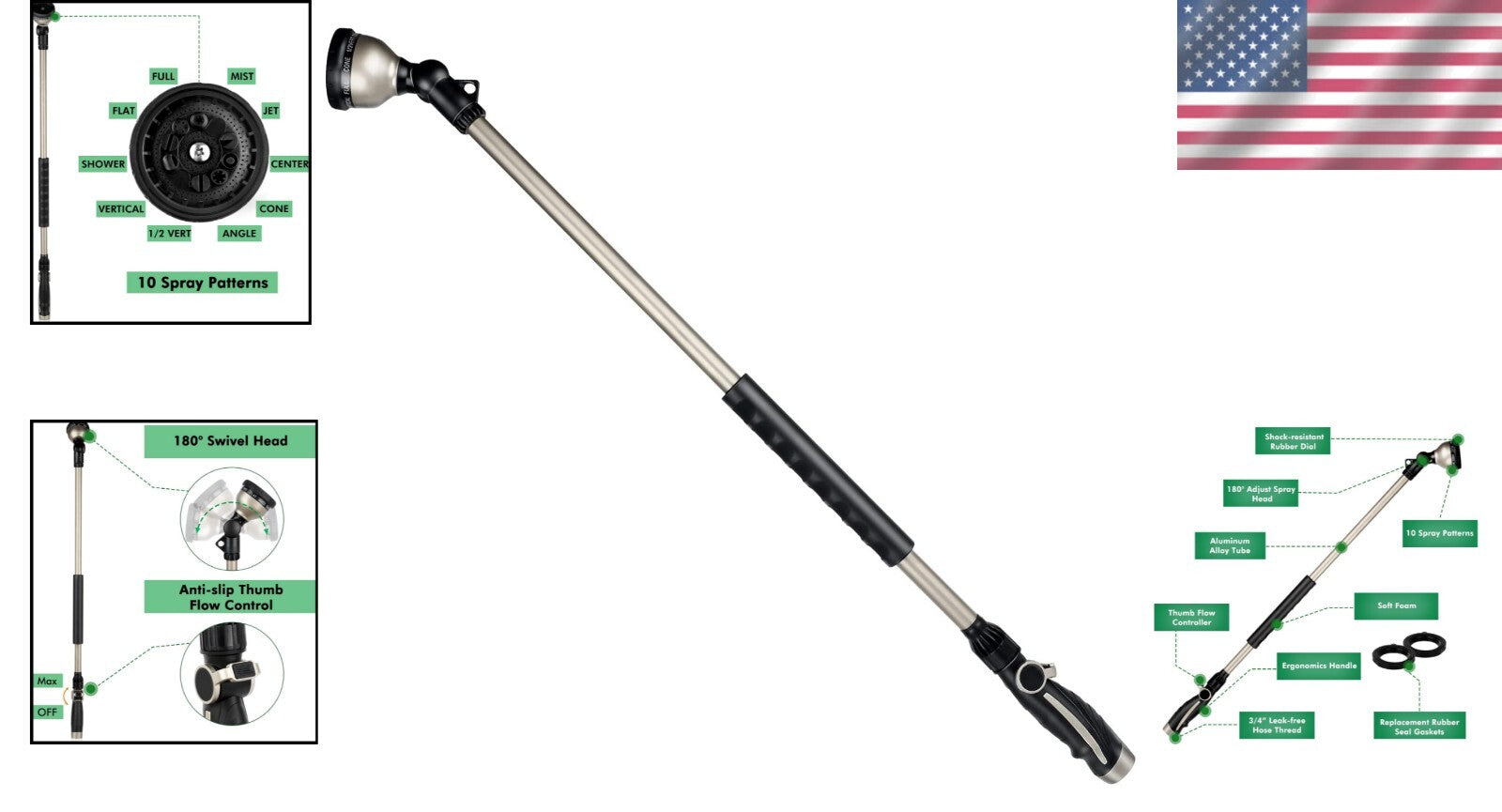 Ergonomic 36” Garden Hose Wand - Zinc Alloy with Thumb Control & 10 Patterns