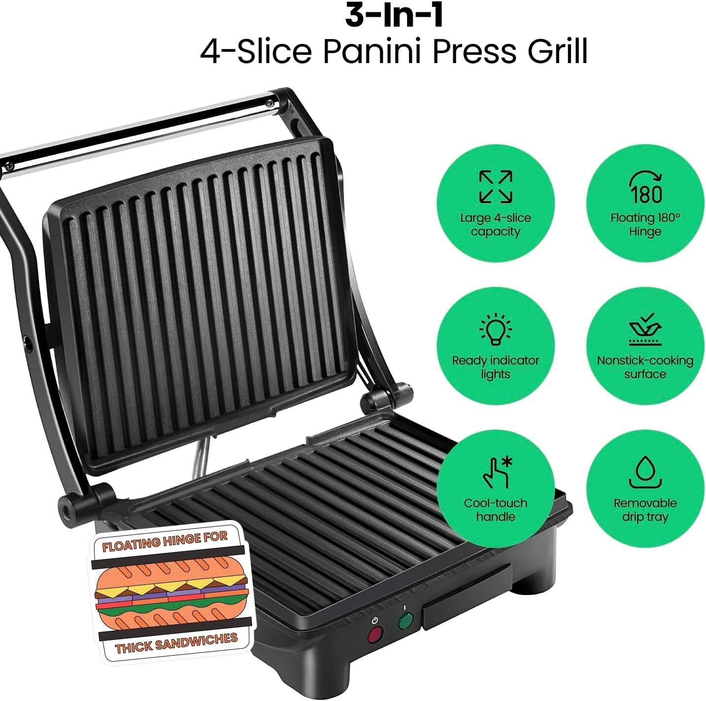 Effortless 4 Slice Panini Press with Non-Stick Plates - Ideal for Small Kitchens