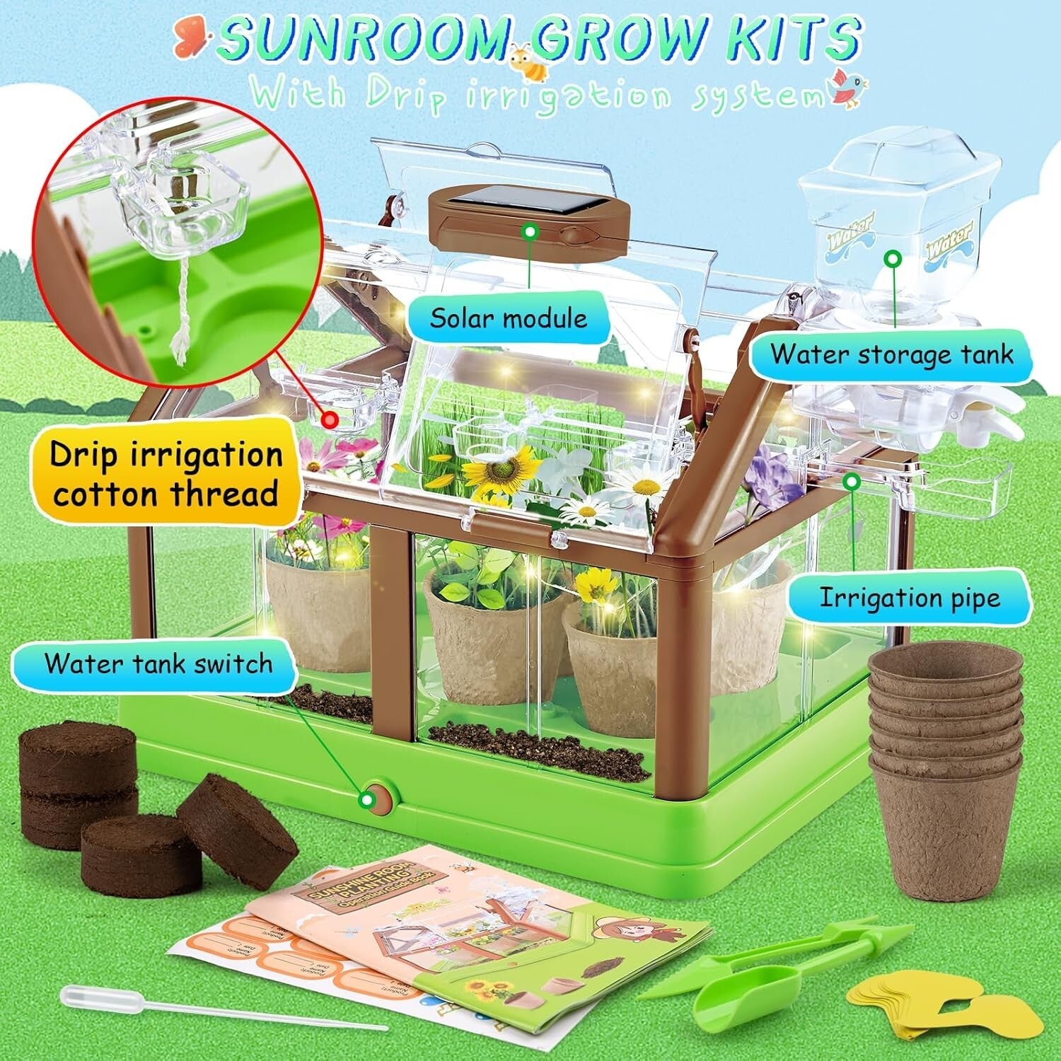 Interactive Kids Plant Growing Set - Mini Greenhouse with Irrigation & LED Light