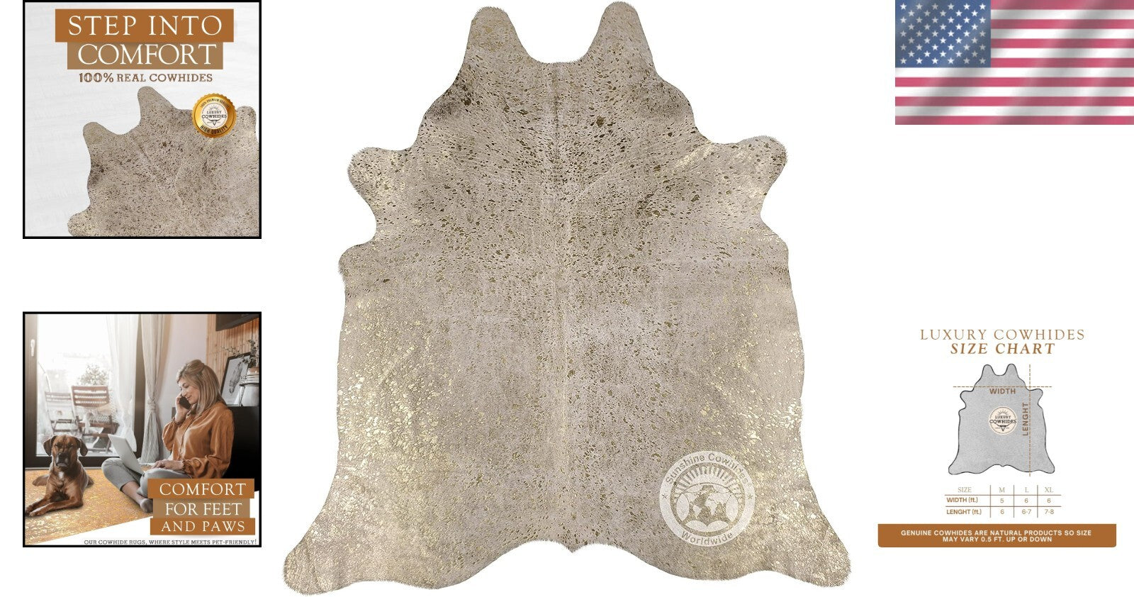 Large Metallic Gold On Off White Cowhide Area Rug - Unique 6x8 Ft. Animal Shape