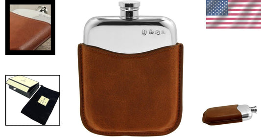 Luxury 6oz Pewter Hip Flask with Genuine Leather Pouch - Sheffield Craftsmanship