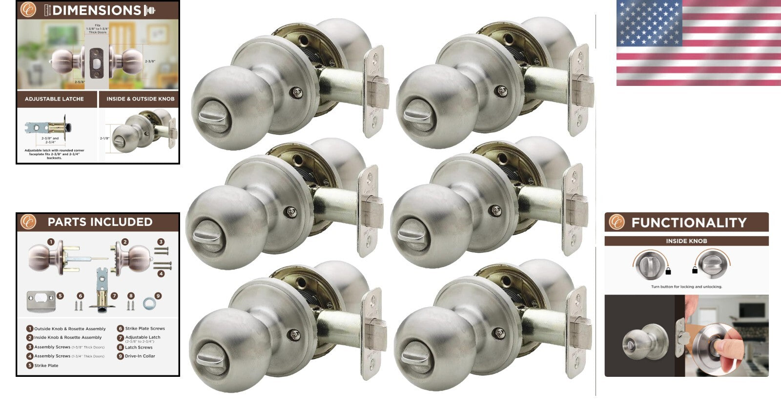 Robust Satin Stainless Privacy Door Knob Set - Keyless & Easy to Install, 6-Pack