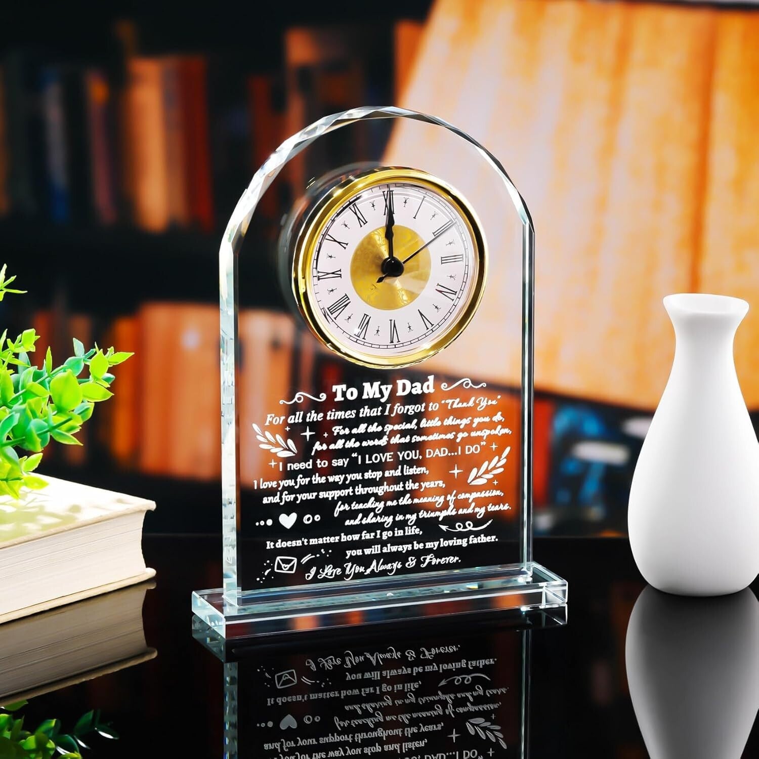 Elegant Quartz Clock with Meaningful Quote - Framed Glass Gift for Fathers
