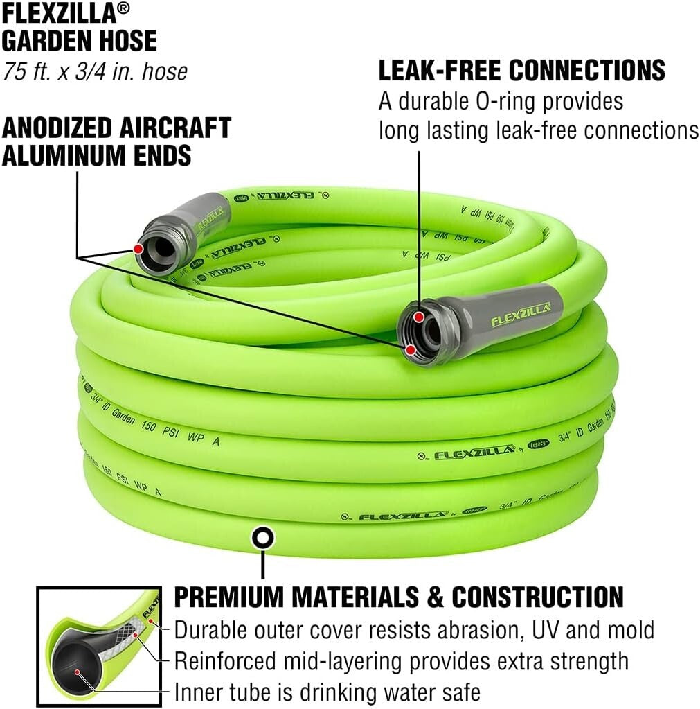 Heavy Duty 3/4" x 75' Lightweight Garden Hose - Drinking Water Safe & Flexible