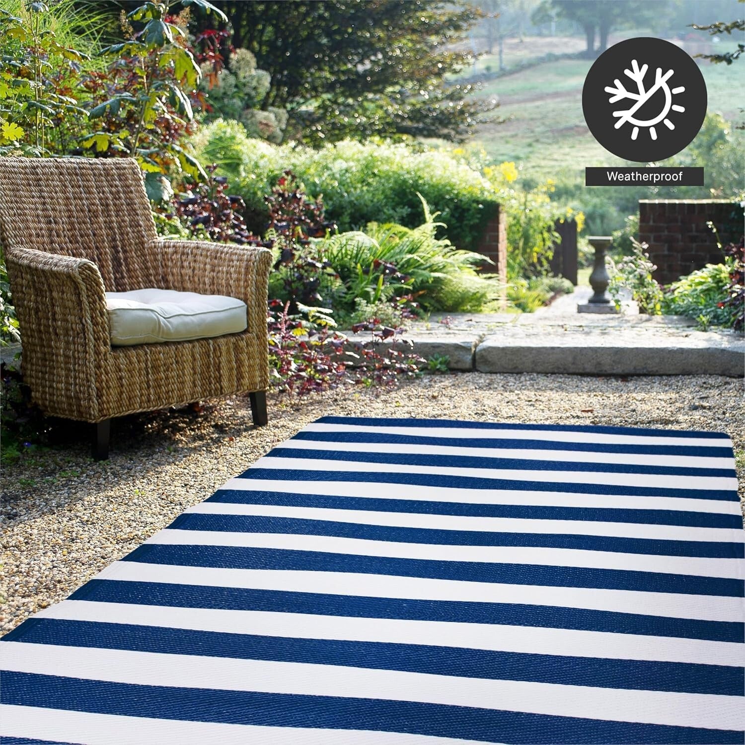 Stain Resistant Outdoor Rug - Waterproof Recycled Plastic, 4x6 ft Blue Stripes