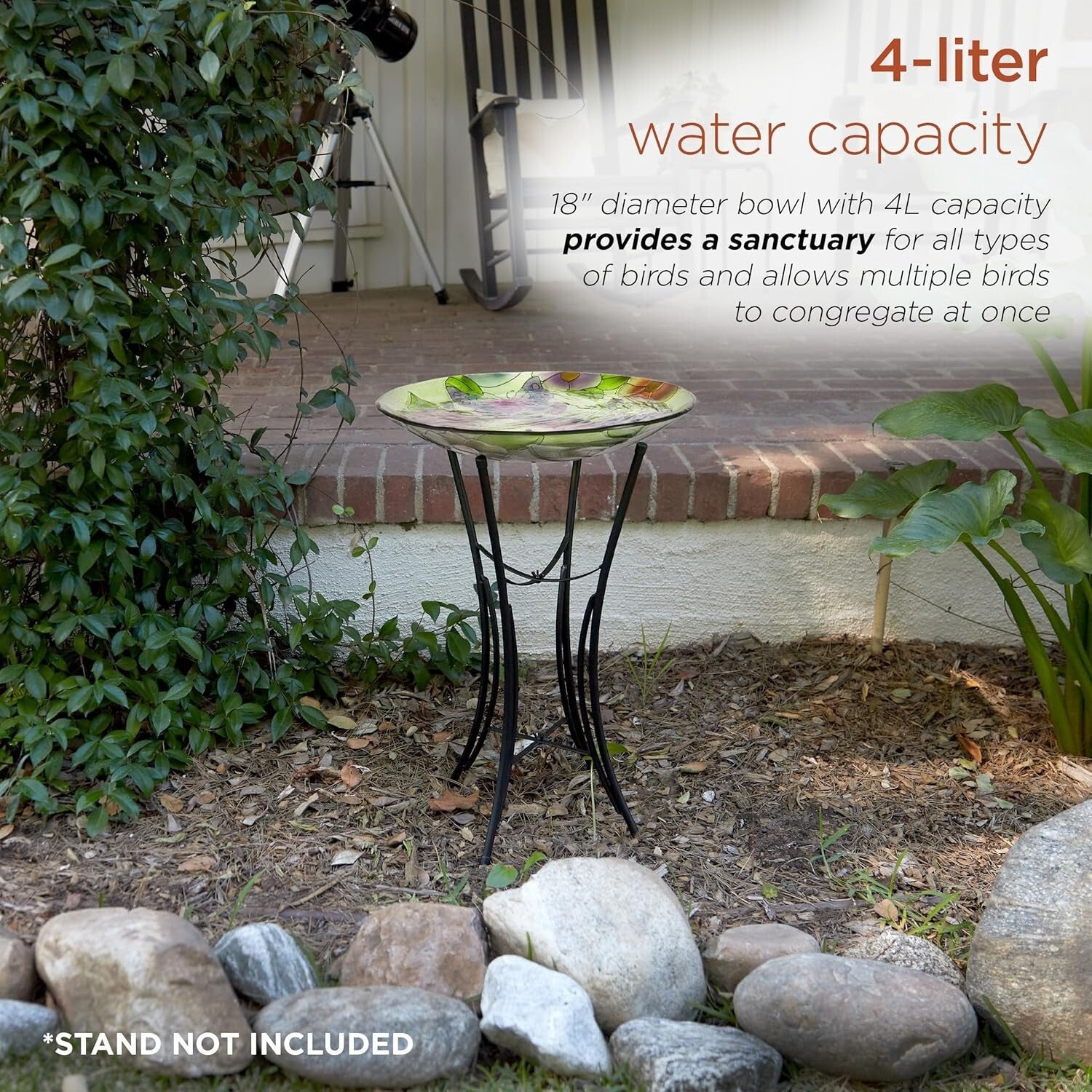 Decorative 18" Glass Birdbath Bowl with Butterfly & Floral Design for Outdoors