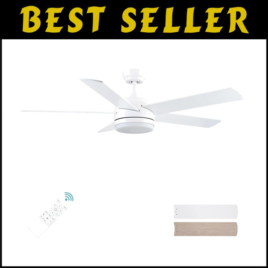 52-Inch White Remote Control Ceiling Fan with Light & Dimmable LED - Noiseless