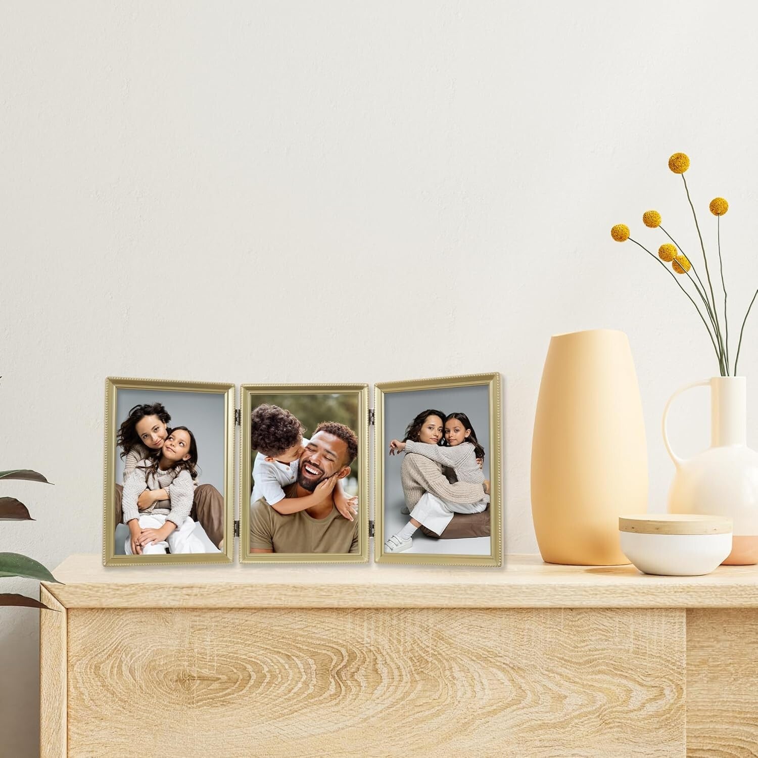 Elegant 5x7 Triple Photo Frame in Antique Satin Gold with Beaded Border