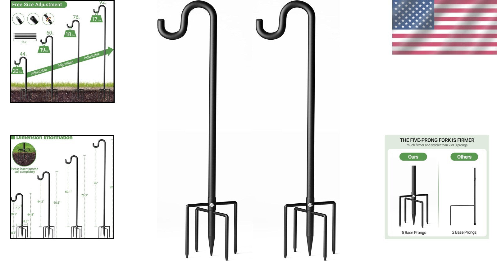 Durable 92-Inch Shepherd's Hooks - Adjustable Height Garden Holders, 2 Pack