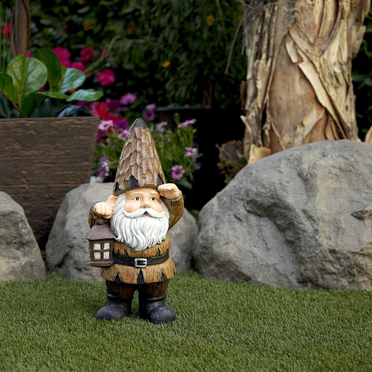 Durable Indoor/Outdoor Gnome with Lantern - 16" Brown Statue for Gardens