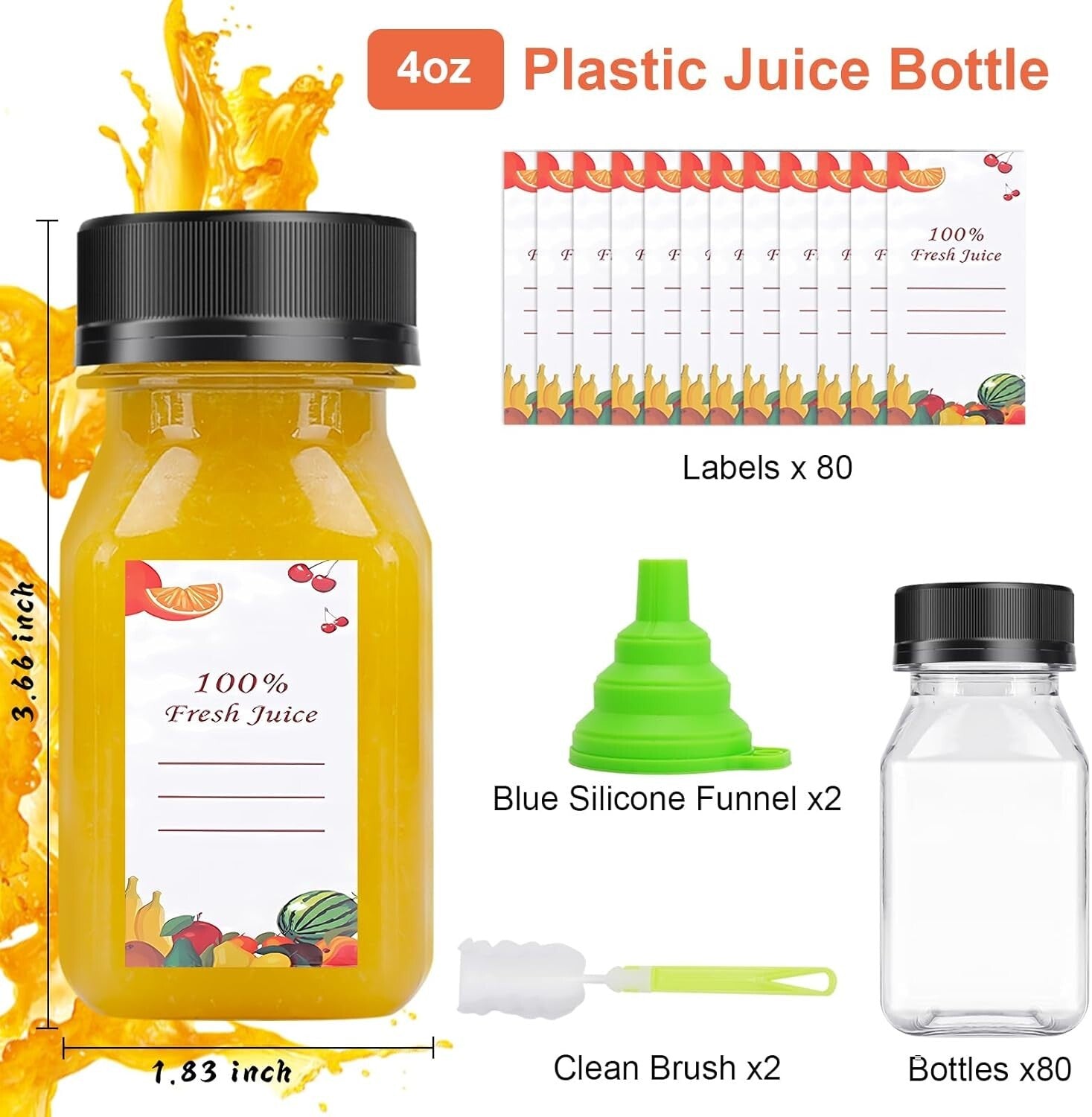 Food-Grade Clear Juice and Smoothie Bottles - 80 Count with Accessories