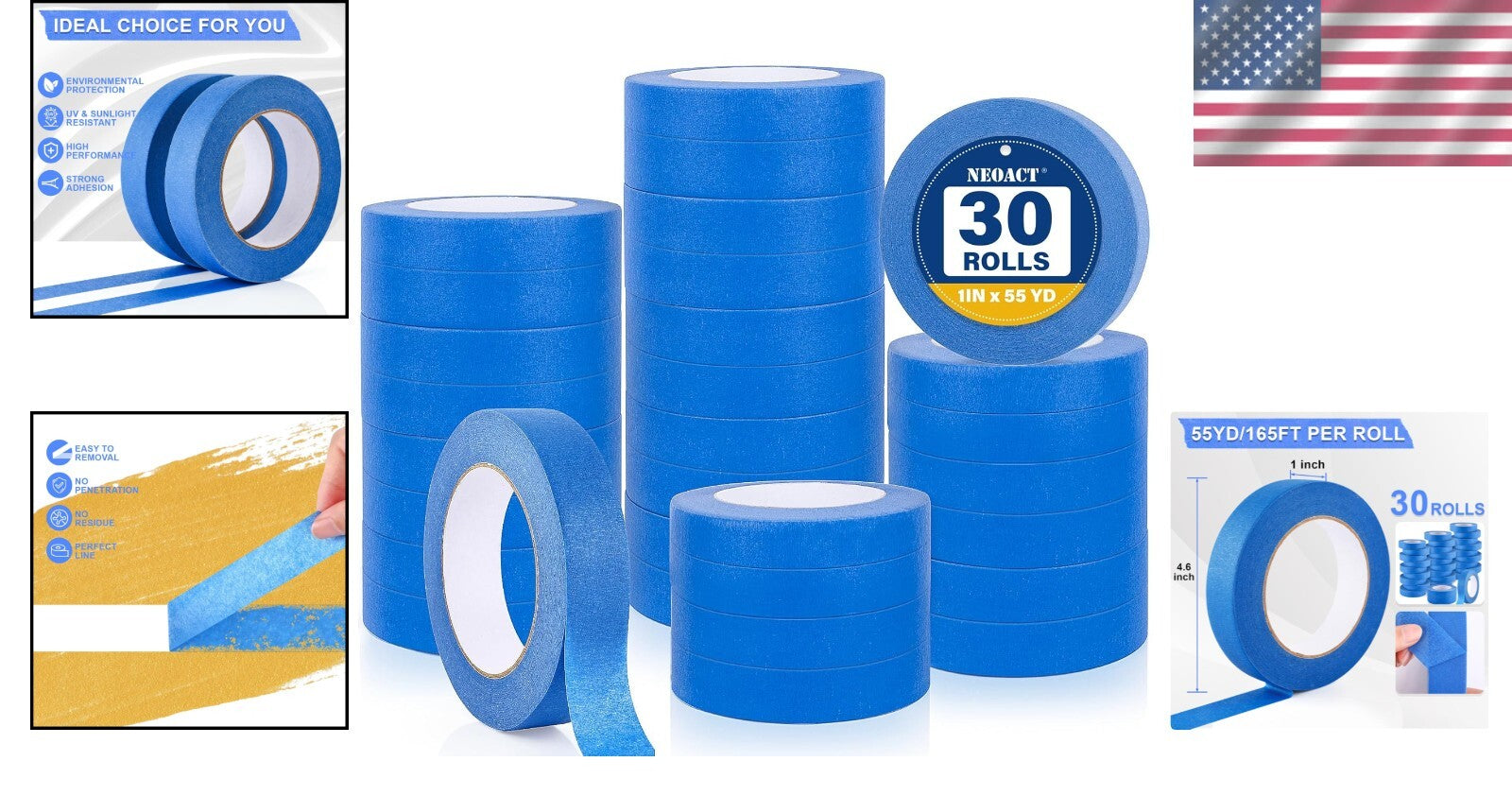 30 Rolls of Blue Painters Tape 1" Wide - Residue-Free Precision for All Surfaces