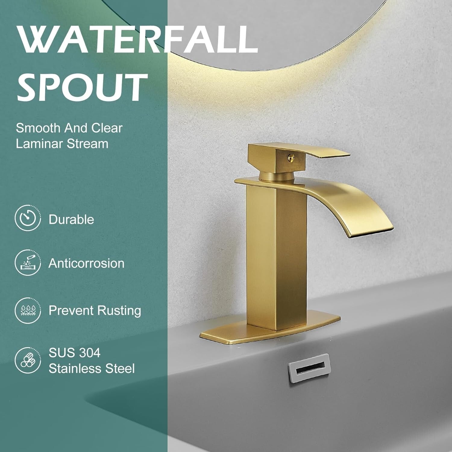 Durable Brushed Gold Waterfall Sink Faucet with Drain - Modern Design Excellence