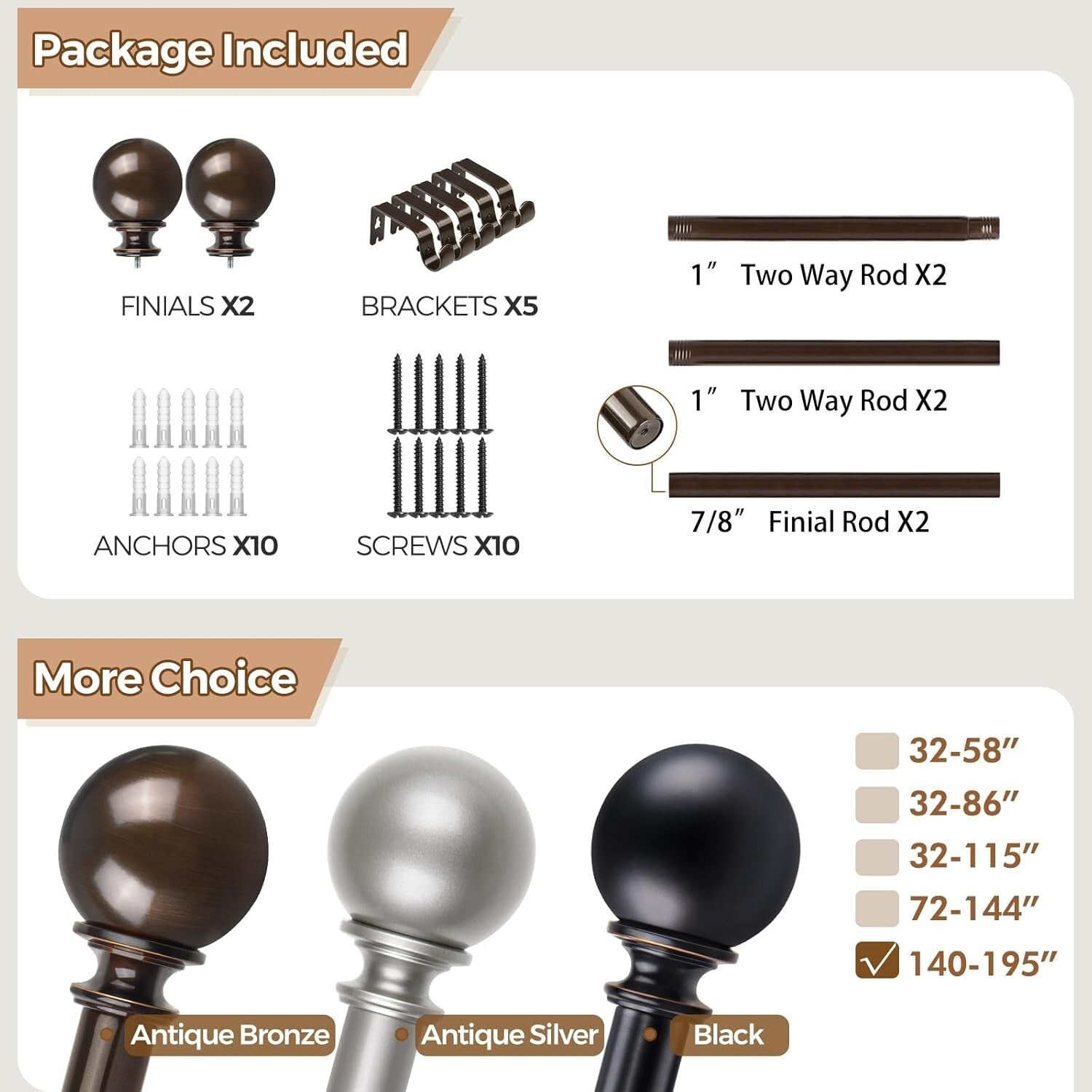 Elegant Antique Bronze Curtain Rods 120-170 Inches, Decorative Finials