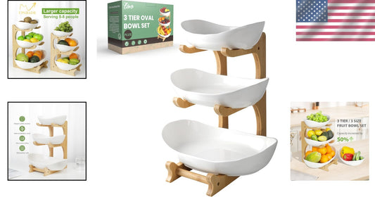 Stylish 3-Tier Fruit and Snack Bowl Set with Bamboo Stand - Perfect Gift Idea