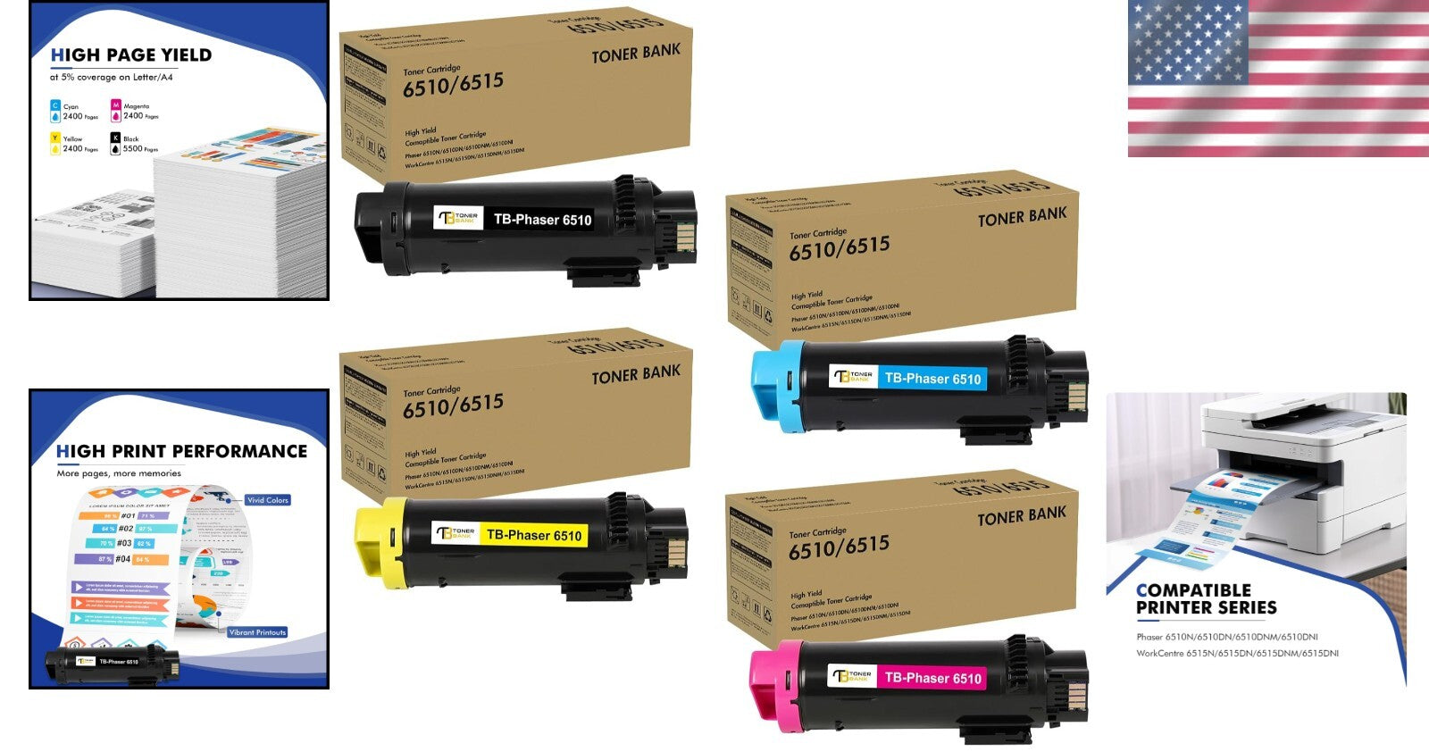 High-Capacity 4-Color Toner Cartridge Set Compatible with Xerox Phaser 6510/6515
