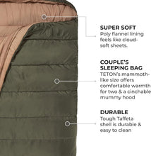 Load image into Gallery viewer, King-Sized TETON Double Sleeping Bag with Compression Sack - Snuggle Together