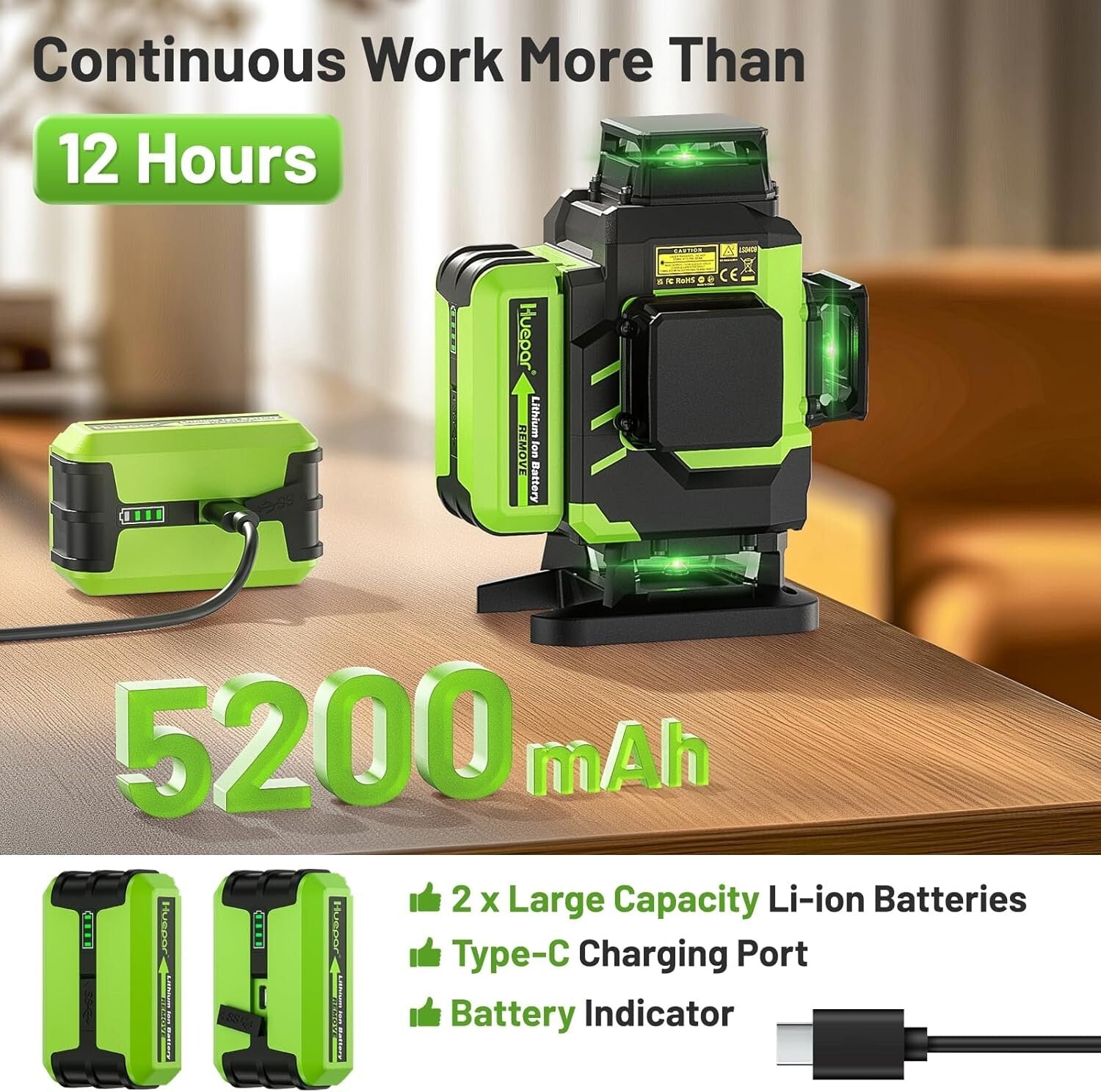 Durable Green Beam 4X360° Laser Level with Lithium-ion Batteries + Accessories