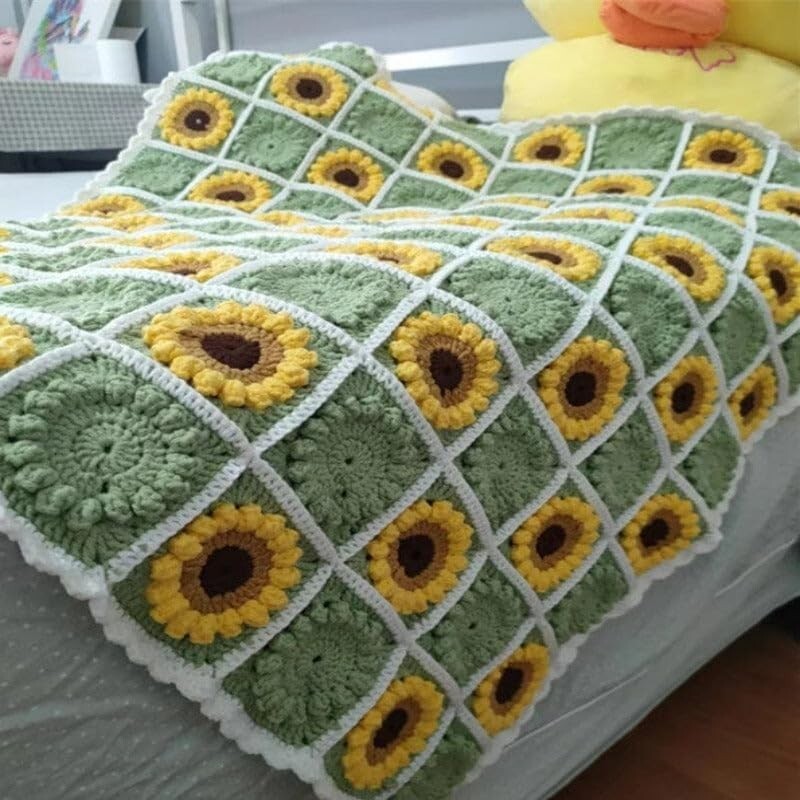Artisan Crocheted Sunflower Throw Blanket - Boho 59" x 39" for Cozy Luxury