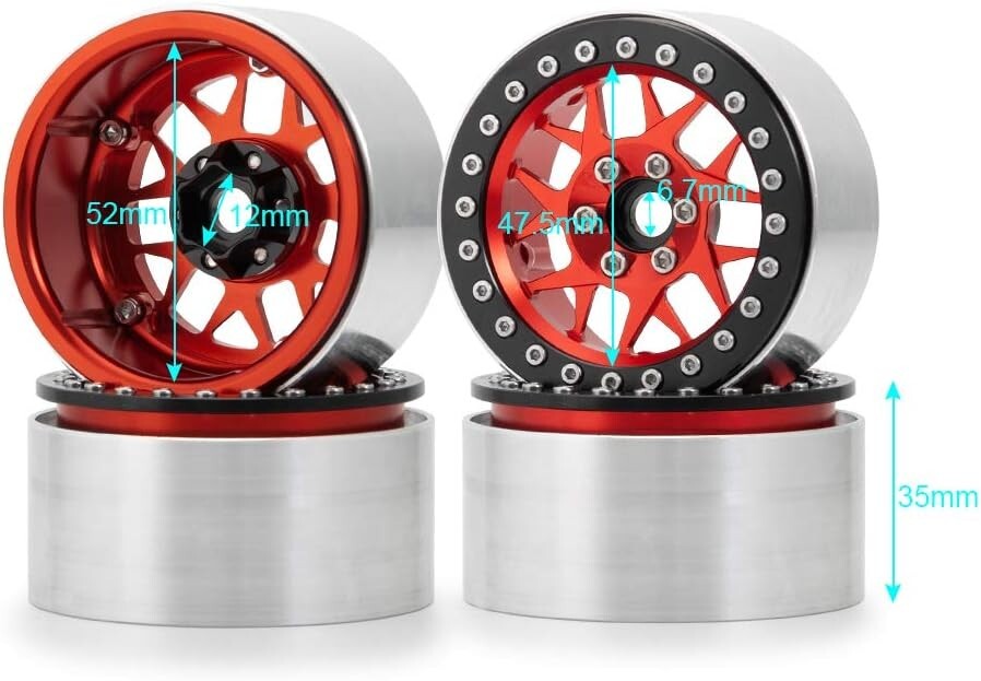 Stylish Red Beadlock Wheels - Upgrade Your 1/10 RC Crawler's Performance