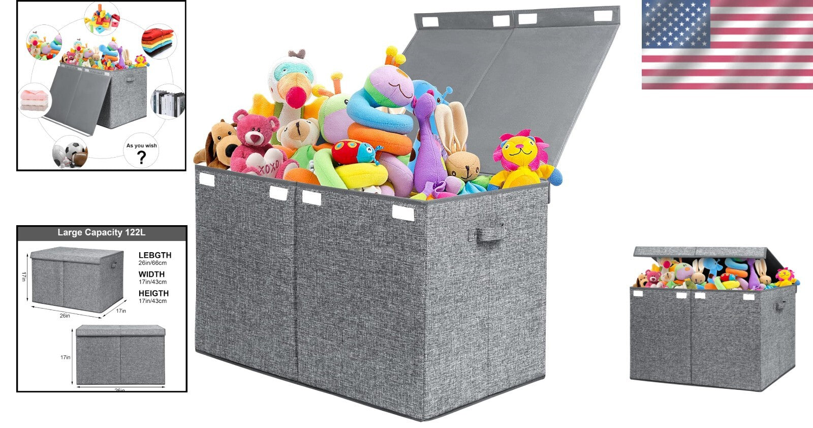 Durable Foldable Toy Chest with 122L Capacity - Perfect Storage for Playrooms