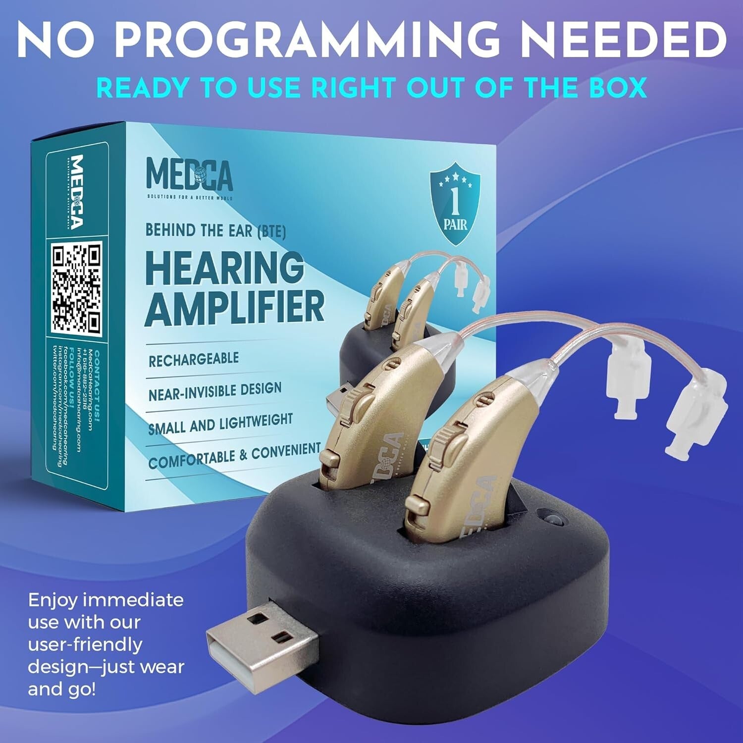 Lightweight BTE Personal Sound Amplifier Set - USB Rechargeable, All-Day Comfort