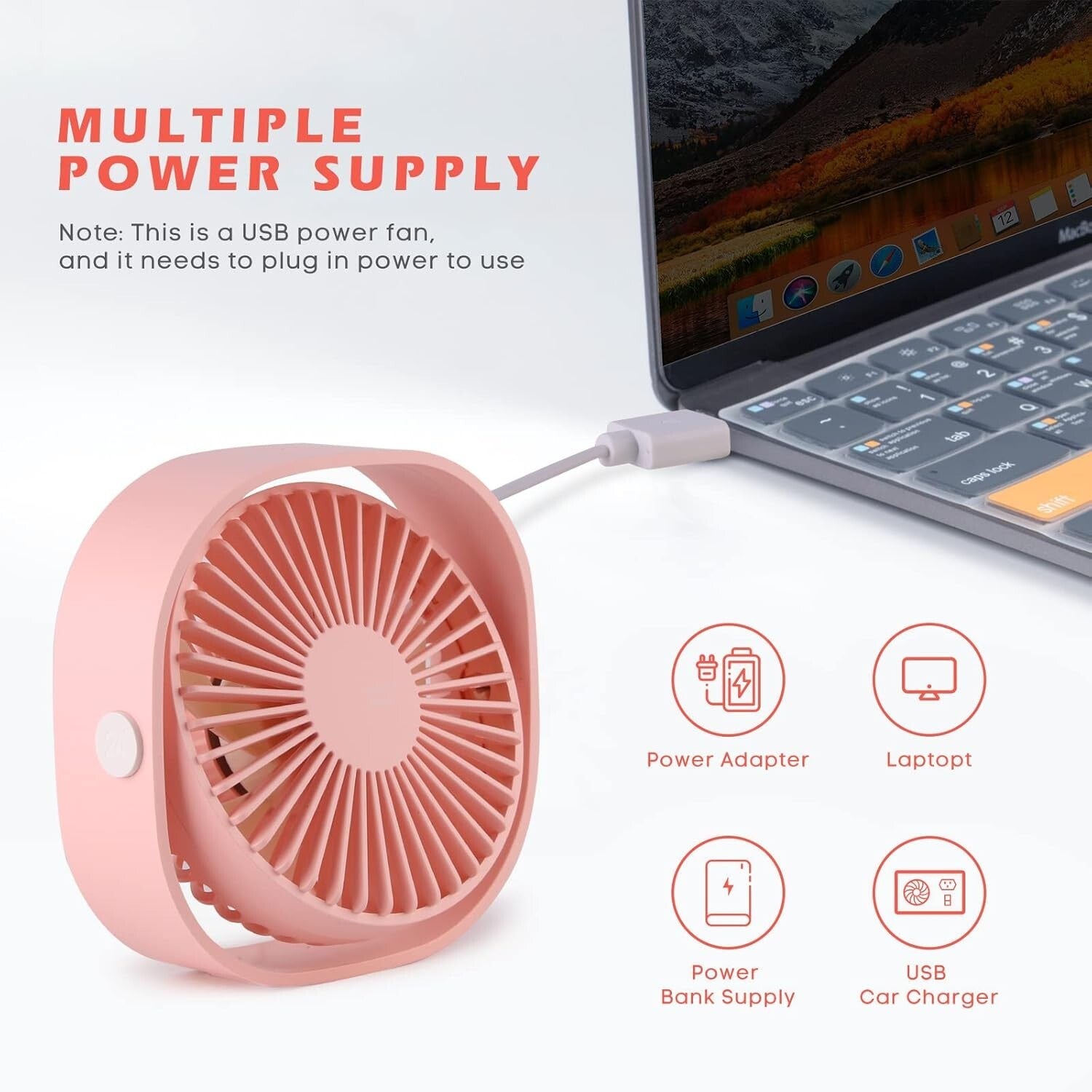 2-Piece Ultra Quiet Portable Pink Table Fan with 360° Rotation & USB Power