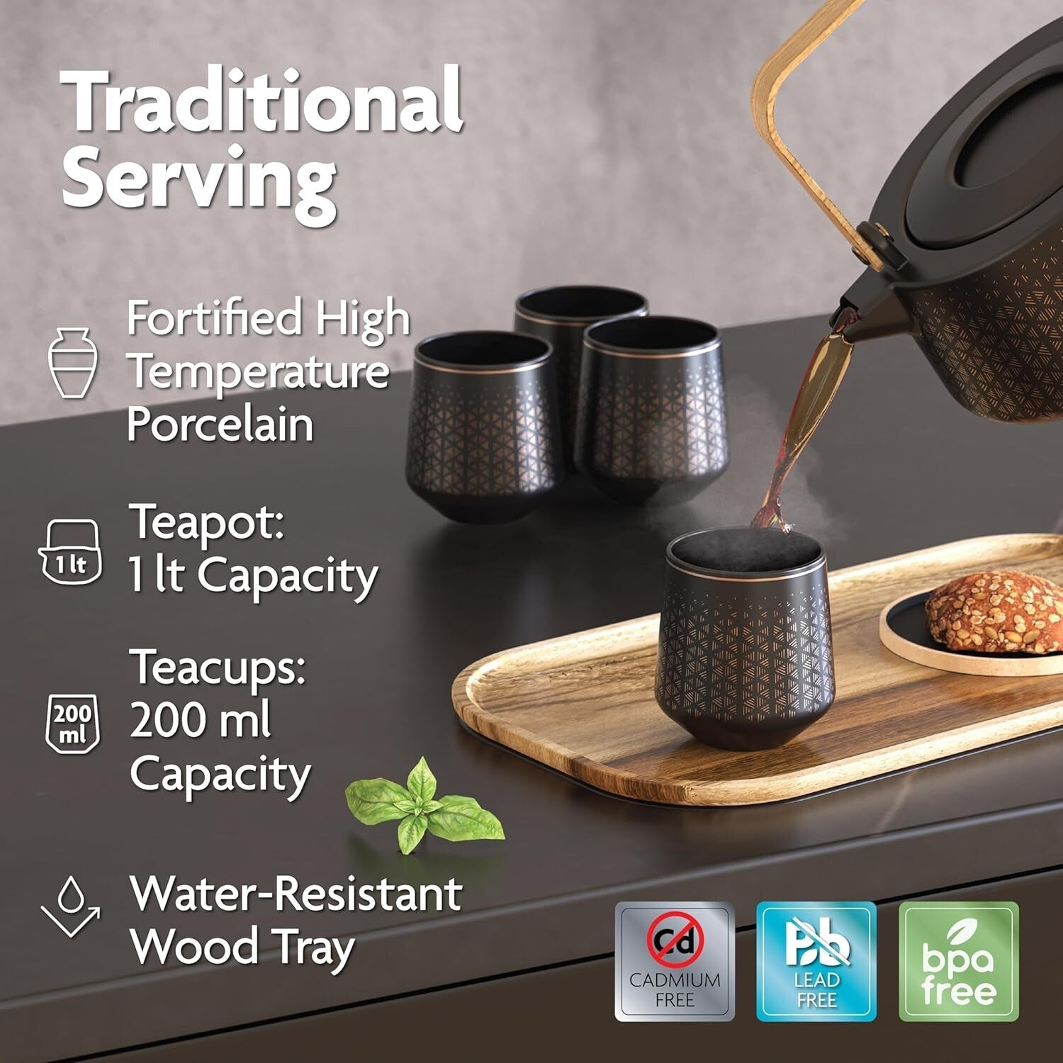 Deluxe Electric Kettle with Tea Infuser, Ceramic Teapot & Cups on Wood Tray