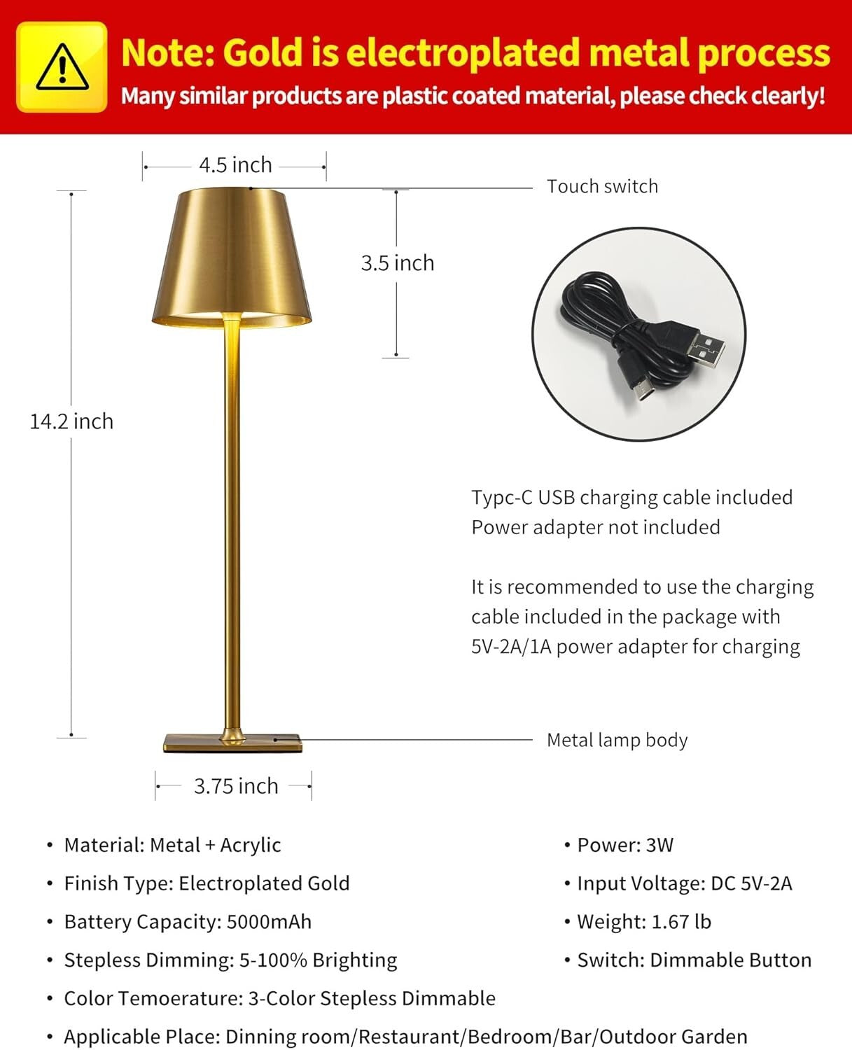 Battery Powered LED Desk Lamps, Waterproof Gold Finish, Perfect for Outdoor Use